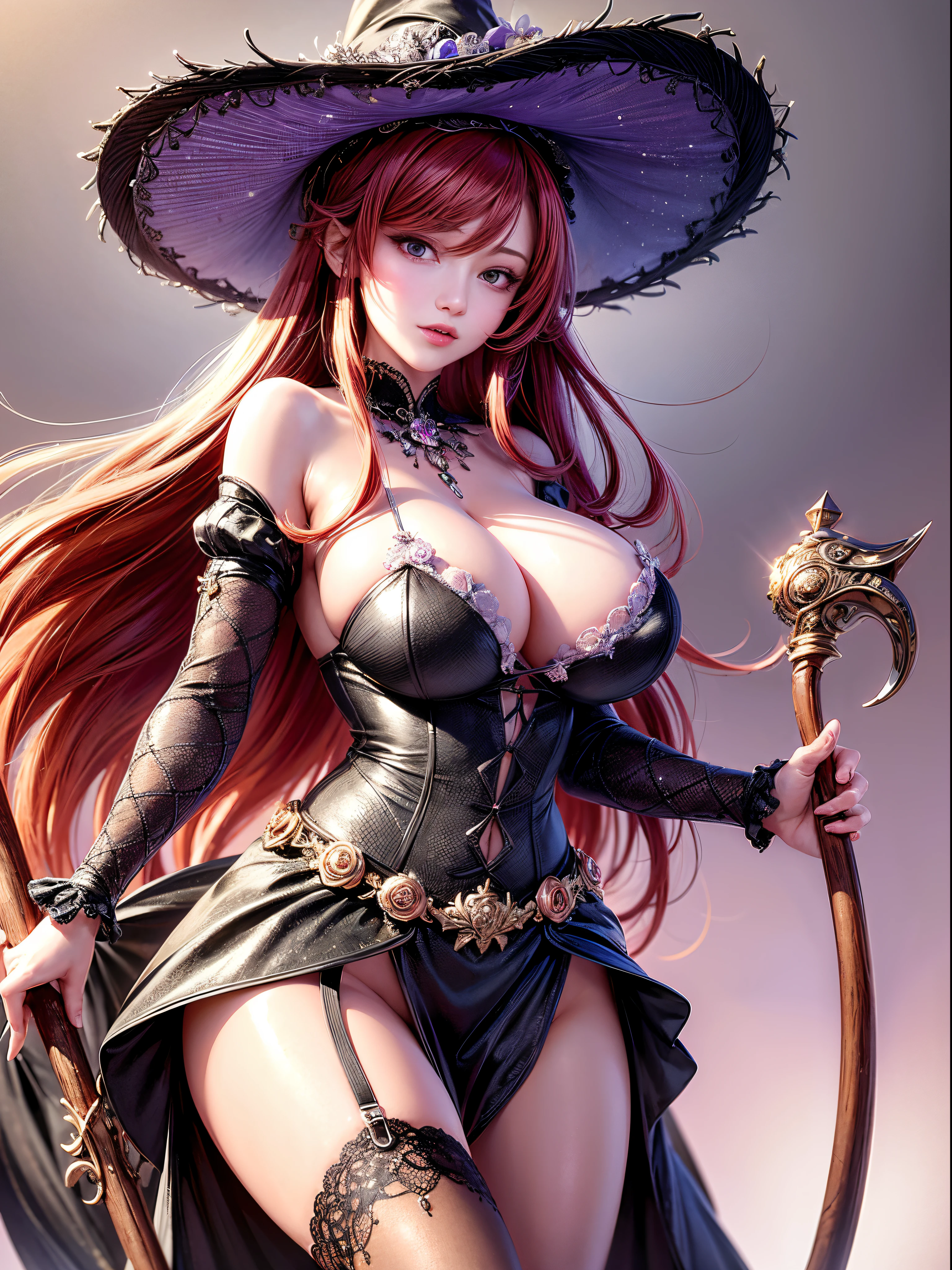 ((Masterpiece)), ((Best Quality)), Ultra High Resolution, HDR, Ultra Realistic, absurd, 8K, Perfect Art, Super Detailed Rendering, Masterpiece, High Quality, high resolution, ultra-detailed, Clean, Masterpiece, Professional Artwork, beautiful, masterpiece, best quality, The Sorceress from Dragon’s Crown, a sexy sorceress, (long red hair: 1.4), long hair, beautiful face, detailed female face, (((perfect female body, narrow waist))), beautiful female body, full body, very pretty woman, young, very pretty woman, sexy, tall, sexy, very attractive, (very big breasts:1.4), (huge breasts), Large wide brimmed witches hat, Black witches hat with purple ribbons, a black bustier with a white lace rim around the breast, cleavage, deep cleavage, long purple skirt with a high split showing all of her leg, pointed witches shoes, brown sash belt, holding a large wooden witches staff.