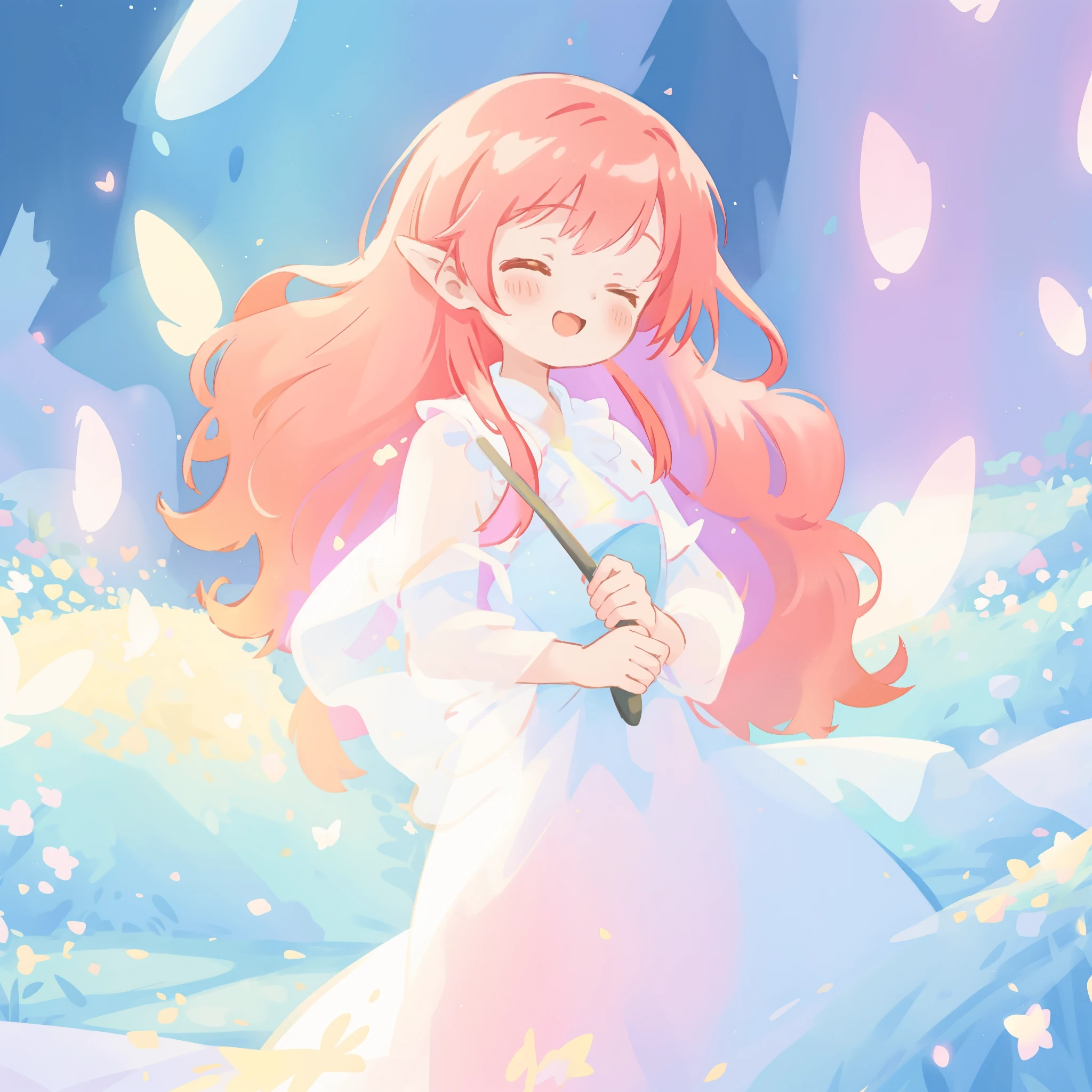 beautiful fairy girl in sparkling white ballgown, puffy flowing ballgown, sheer fluttering sleeves, ((glowing sheer layered dress)), long red gold hair, colorful fantasia background, delicate white flowers in her hair, watercolor illustration, glowing lights, beautiful digital illustration, fantasia otherworldly landscape, beautiful, masterpiece, best quality, (vibrant pastel colors), (colorful), magical forest landscape, sharp focus, intricate details, highly detailed, 8k resolution