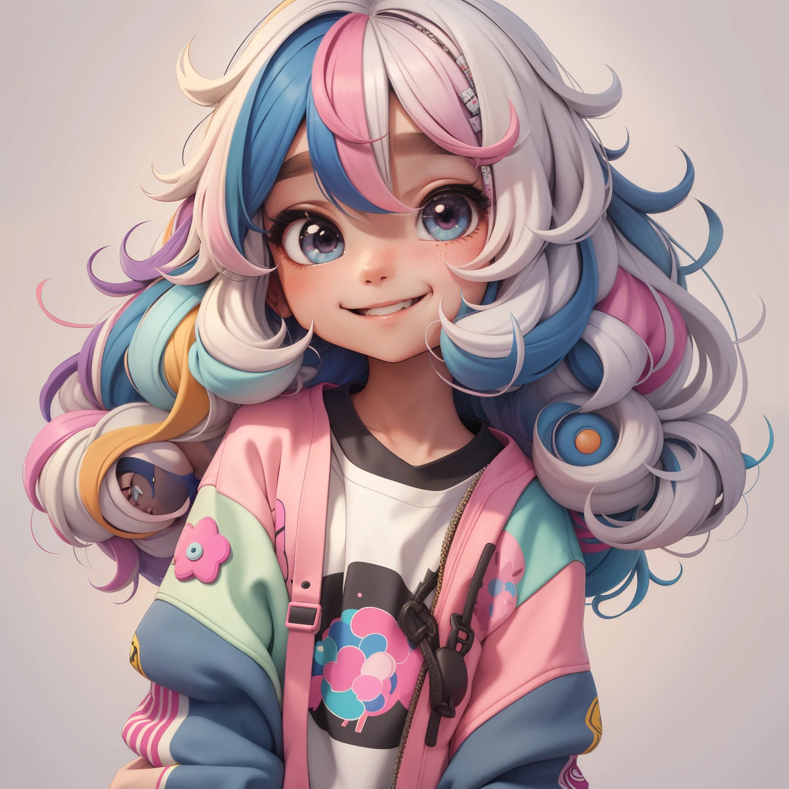 Loli girl, cabelo multicolorido estilo de cabelo, multicolorido, sorriso e olhos delicados, moletom, fundo simples, Melhor Qualidade