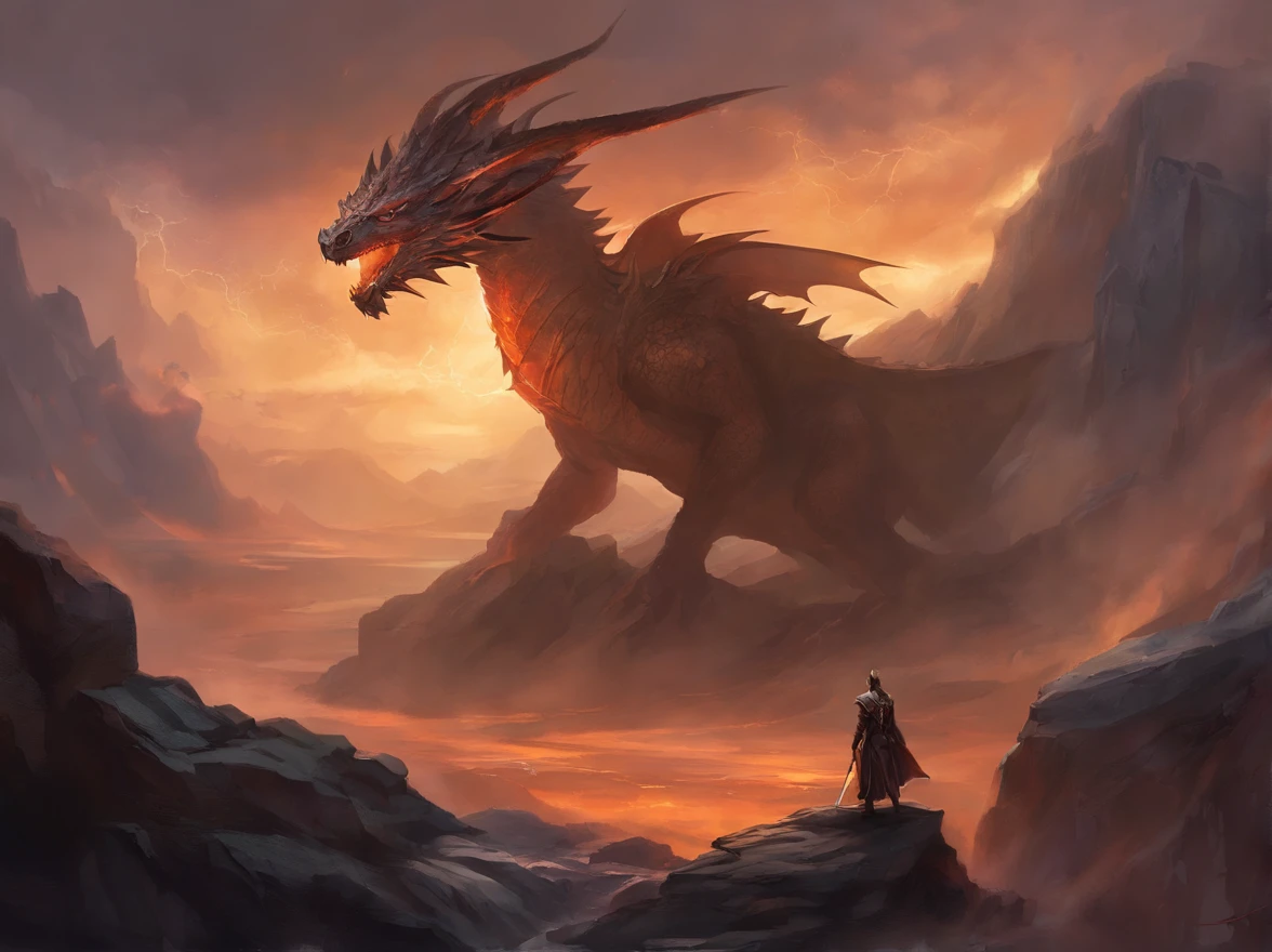 Barren cliffs of grey and brown granite overlooking a deep canyon filled with lava, on the close edge of the cliff rests a kneeling anthropromorphic dragon male, he only has an armored waistplate and has a sword in his right hand, his scales are dark grey over his back and shoulders, and on his inner thighs and chest his scales are tan, the sky is filled with stormy lightning clouds