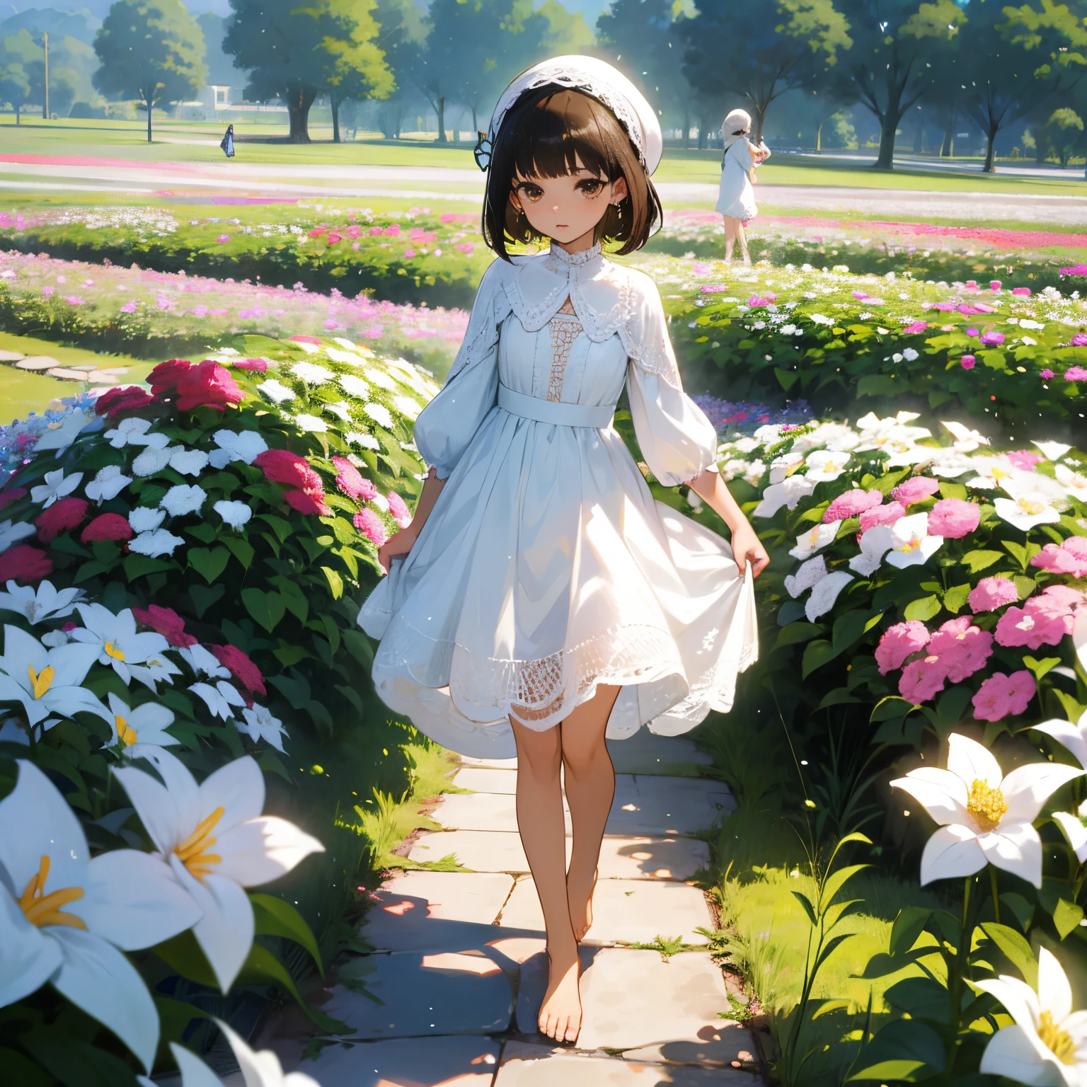 Anime best quality possible thin, slender, young brunette woman brown eyes, soft makeup, discreet earrings, very short black hair, white crochet dress, a crochet hat, walking barefoot in the flower garden. add a few tiny flying insects