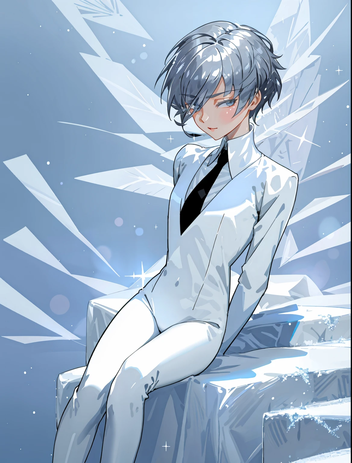 masterpiece, 8k uhd, absurdres, gorgeous girl, skinny, flat chest, very short grey hair, glare, (sparkling hair,:1.1), white suit, black tie, sunny day, winter, hands out of sight, hands behind her back, sitting on the ground