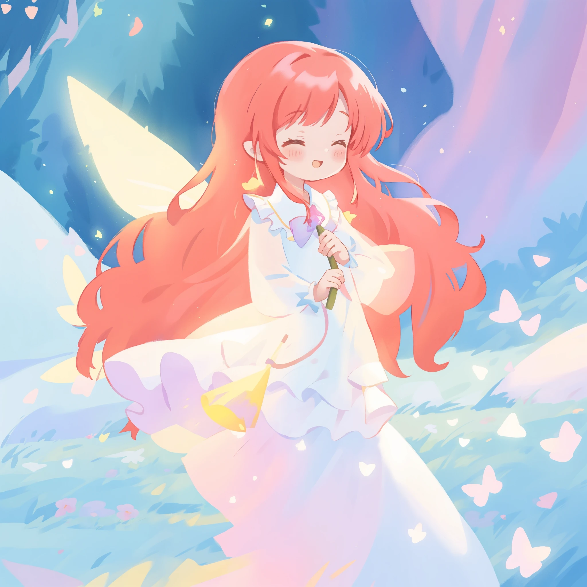 beautiful fairy girl in sparkling white ballgown, puffy flowing ballgown, sheer fluttering sleeves, ((glowing sheer layered dress)), long red gold hair, colorful fantasia background, delicate white flowers in her hair, watercolor illustration, glowing lights, beautiful digital illustration, fantasia otherworldly landscape, beautiful, masterpiece, best quality, (vibrant pastel colors), (colorful), magical forest landscape, sharp focus, intricate details, highly detailed, 8k resolution