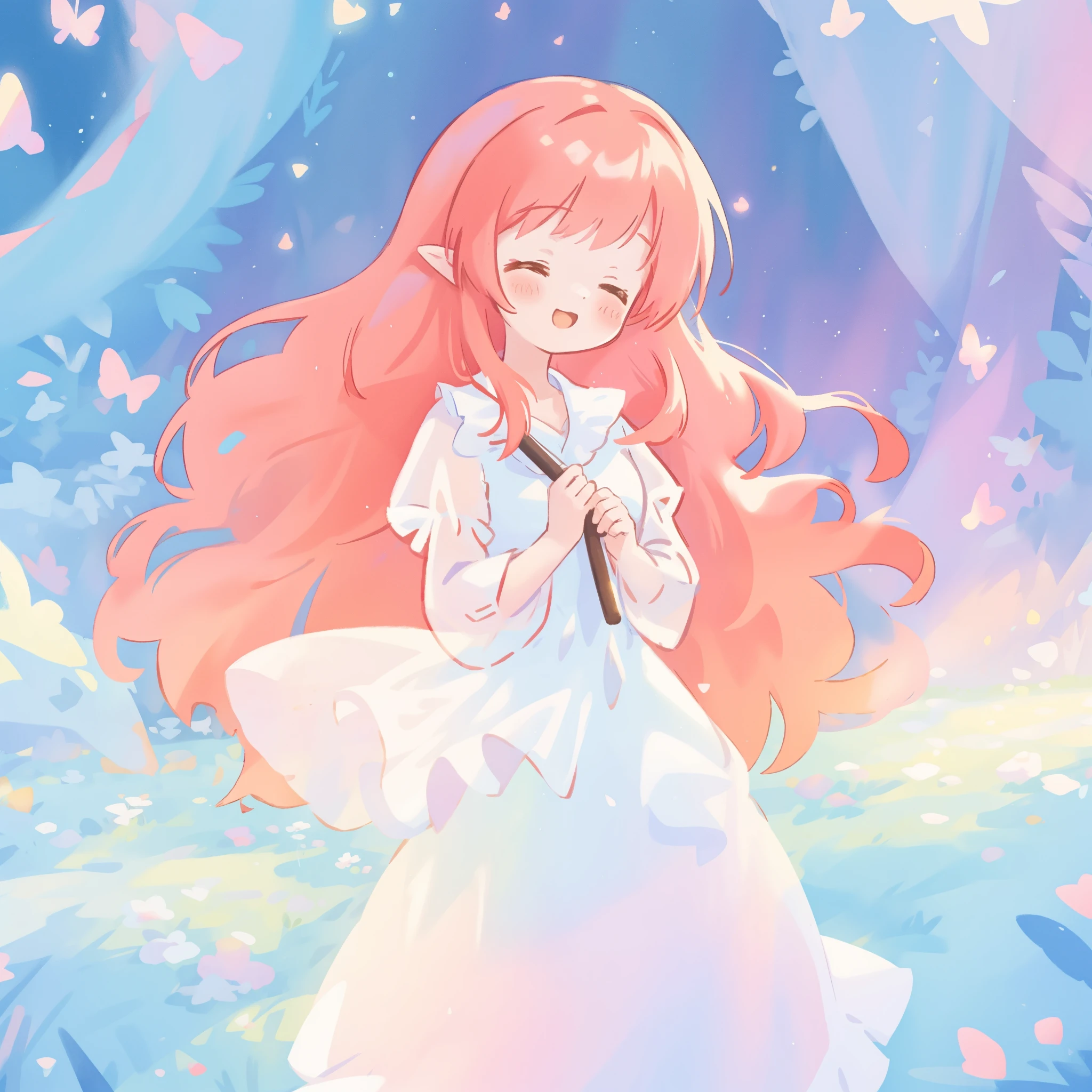 beautiful fairy girl in sparkling white ballgown, puffy flowing ballgown, sheer fluttering sleeves, ((glowing sheer layered dress)), long red gold hair, colorful fantasia background, delicate white flowers in her hair, watercolor illustration, glowing lights, beautiful digital illustration, fantasia otherworldly landscape, beautiful, masterpiece, best quality, (vibrant pastel colors), (colorful), magical forest landscape, sharp focus, intricate details, highly detailed, 8k resolution