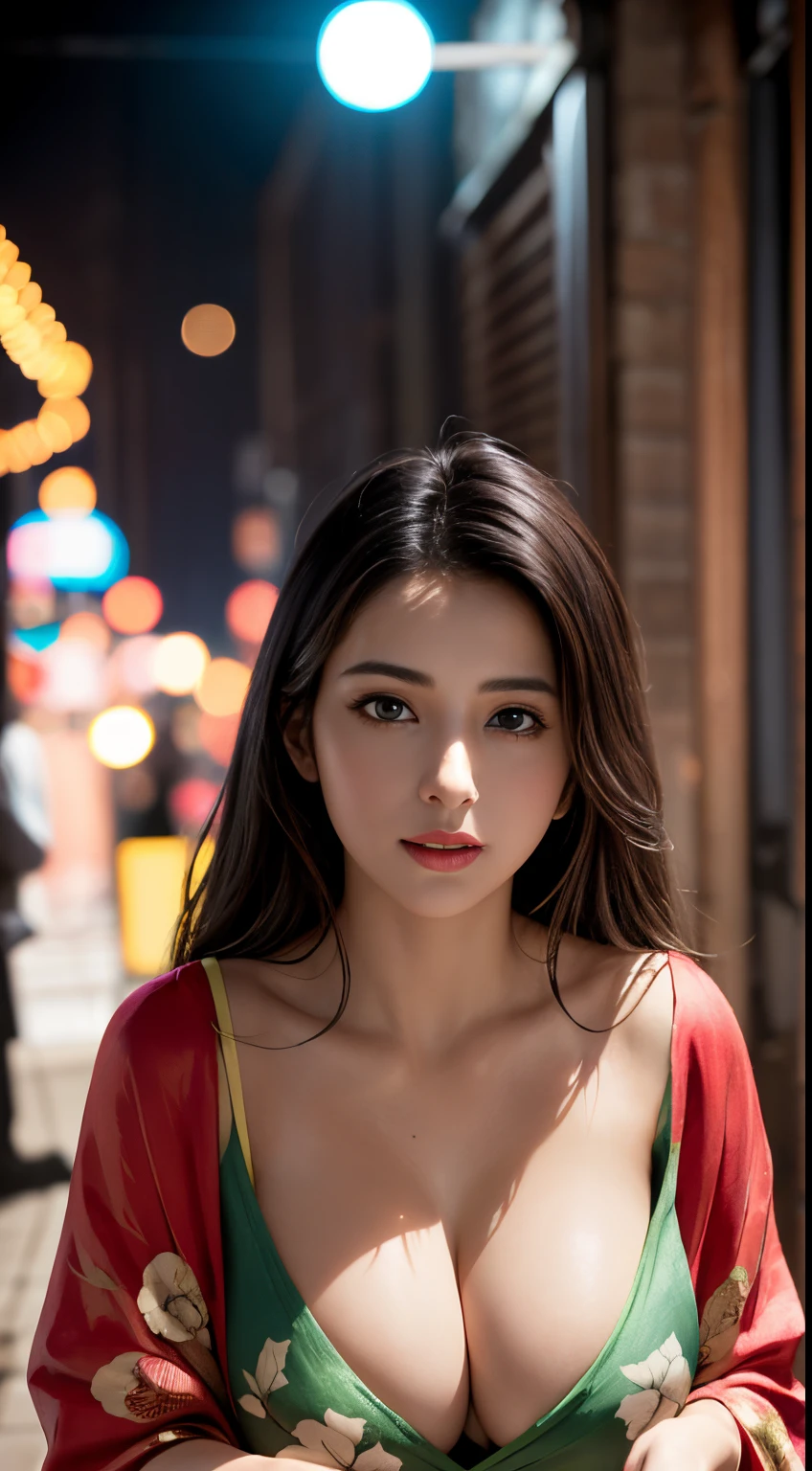 Ultra realistic 8K CG, Picture-perfect face, flawless, clean, masutepiece, Professional artwork, famousartwork, Perfect face, Beautiful face, Beautiful eyes, ((Perfect female body)), Solo,(Immersive atmosphere, Chiaroscuro:1.5,Bright light:1.2,Luminous lighting)
,,(blush:0.5),fascinated expression,Extremely detailed_Eyes,thick thighs,Large breasts, 25 year old Indian girl, Face like Rakul Preet Singh,
beautifullydetailedbackground,depth of fields,Realistic:1.3, longshot,1girl in,Shirt, Random Color Printed Silk Kimono, Sitting, Beautiful face, Beautiful body, Beautiful dress, Full body, 
(ambient lights:1.3),(Cinematic composition:1.3),(Neon light:0.1),(nffsw:0.1),Accent Lighting, nffsw, Highly detailed, Hyper realistic