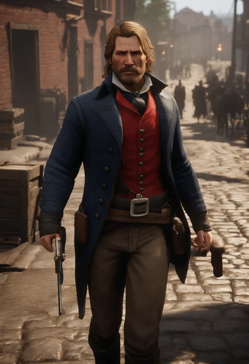 A photo of a crowded street, with people yelling and fighting. Trash cans are knocked over and there are broken bottles on the ground.,Red Dead Redemption 2,Micah has shoulder-length blond hair, along with a thick horseshoe mustache and side-whiskers. Micah is slightly portly and often wears an undone black leather coat, a red or black shirt accompanied by a red vest, a blue neckerchief, beige trousers, and a white hat.