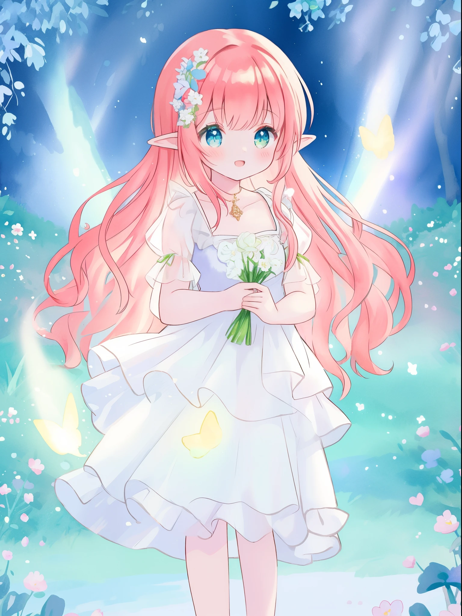 beautiful elf girl in sparkling white ballgown, puffy flowing ballgown, sheer fluttering sleeves, ((glowing sheer layered dress)), long red gold hair, colorful fantasia background, delicate white flowers in her hair, watercolor illustration, glowing lights, beautiful digital illustration, fantasia otherworldly landscape, beautiful, masterpiece, best quality, (vibrant pastel colors), (colorful), magical forest landscape, sharp focus, intricate details, highly detailed, 8k resolution, (beautiful nymph girl)