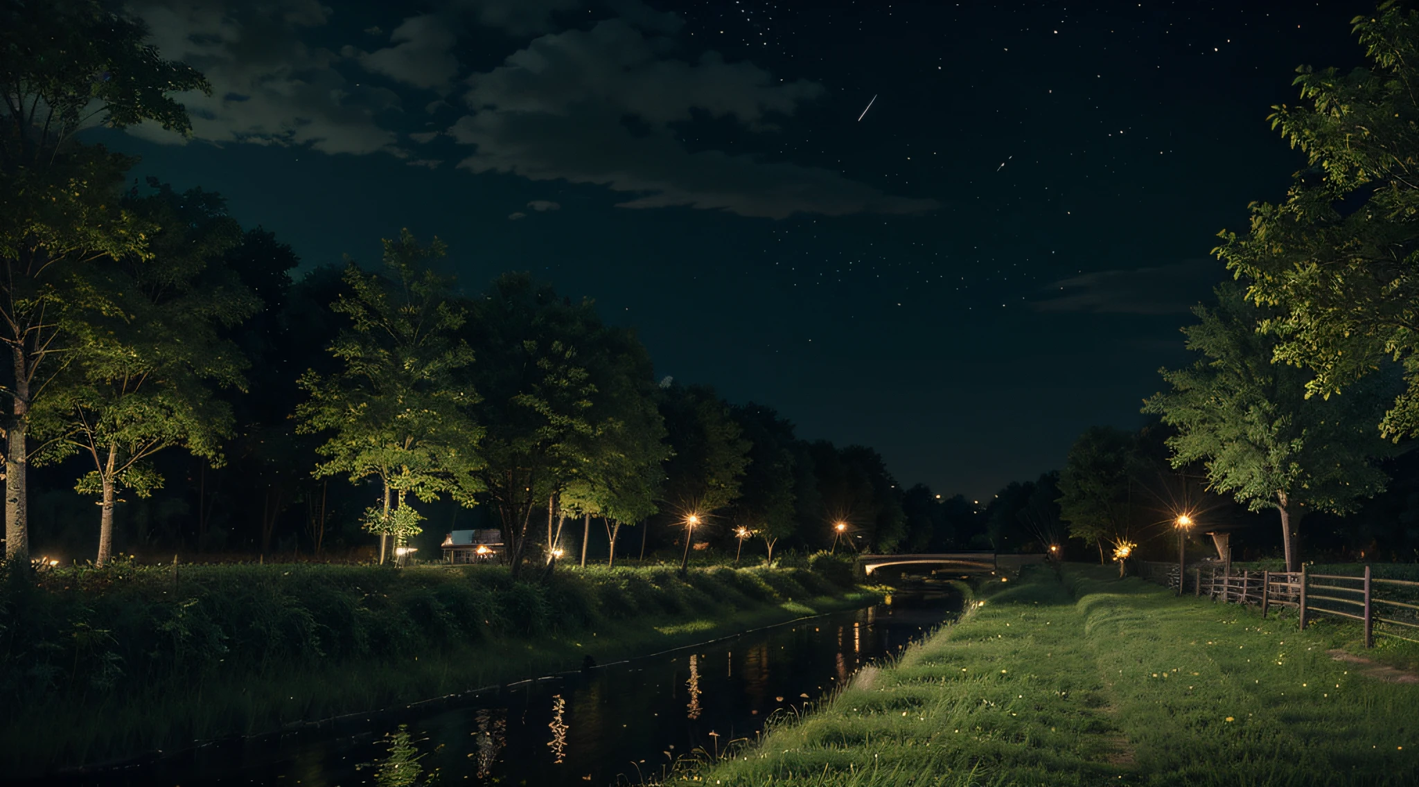 night time,fireflies,buildings far ahead,road,anime style,green field,river