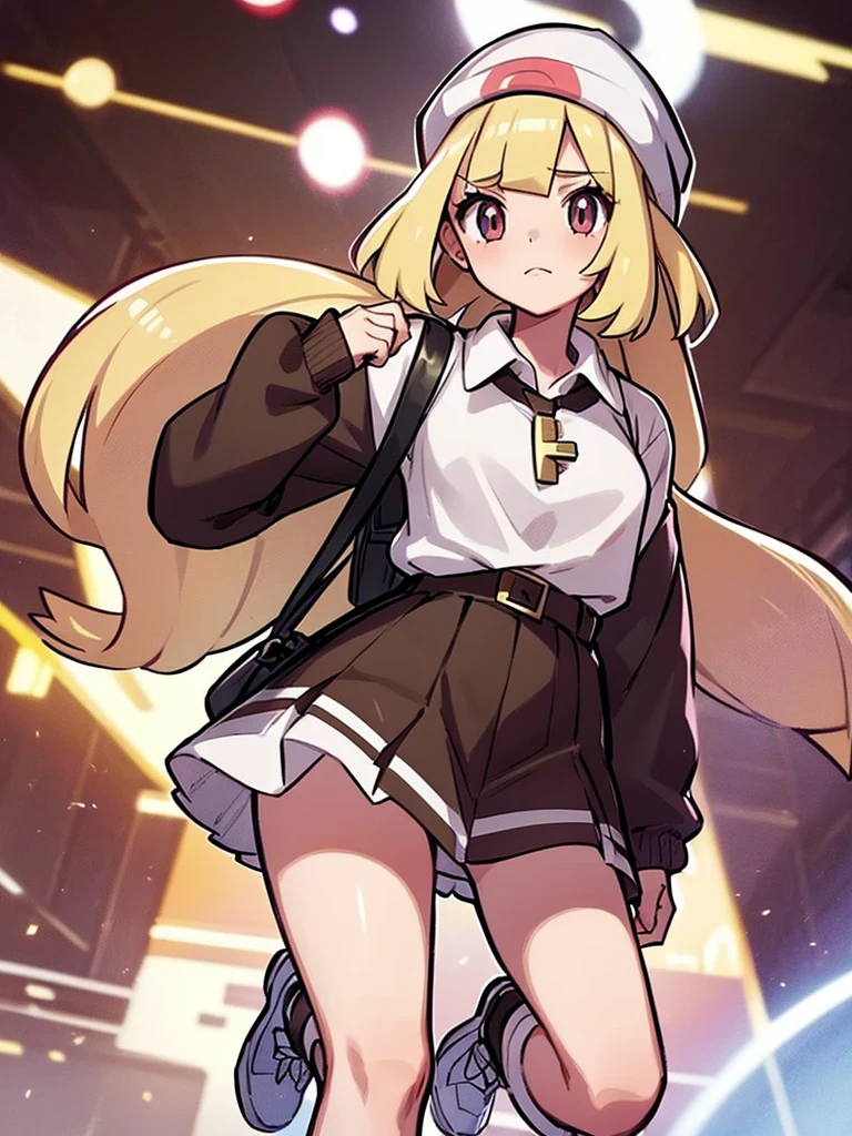 (pokemon),(( 1girl)), long hair, straight hair, long ponytail, platinum blonde hair, blush, brown platted skirt, high-waisted skirt, white large shirt, long sleeves, tucked-in shirt, white high socks, brown mountain boots, dark brown shoulder bag with key chains, shy, soft