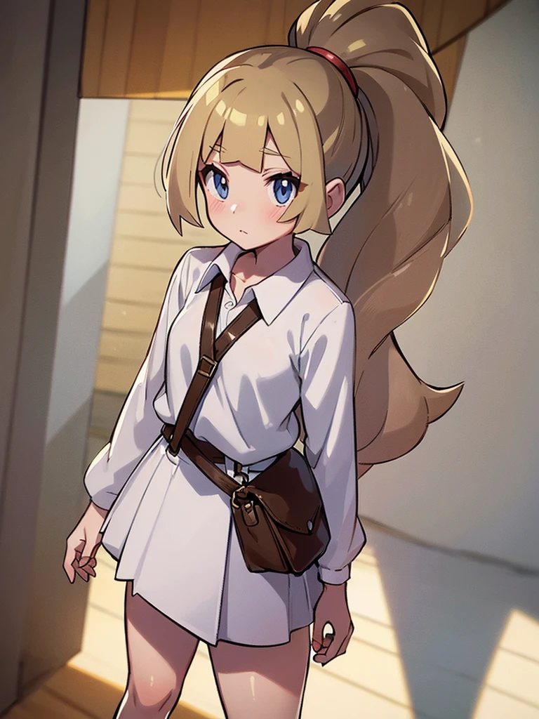 (pokemon),(( 1girl)), long hair, straight hair, long ponytail, platinum blonde hair, blush, brown platted skirt, high-waisted skirt, white large shirt, long sleeves, tucked-in shirt, white high socks, brown mountain boots, dark brown shoulder bag with key chains, shy, soft
