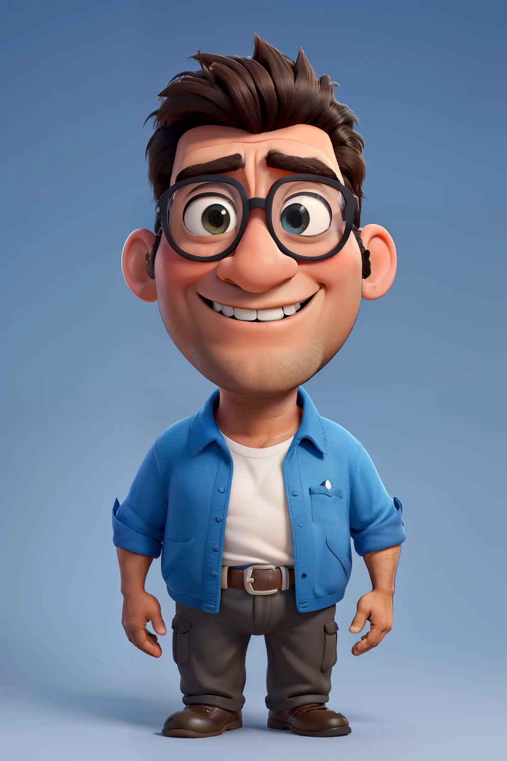Estilo disney-pixar, homem ?????, 38 anos, gordinho, advogado, cabelos curtos, olhos castanhos, blue glasses.