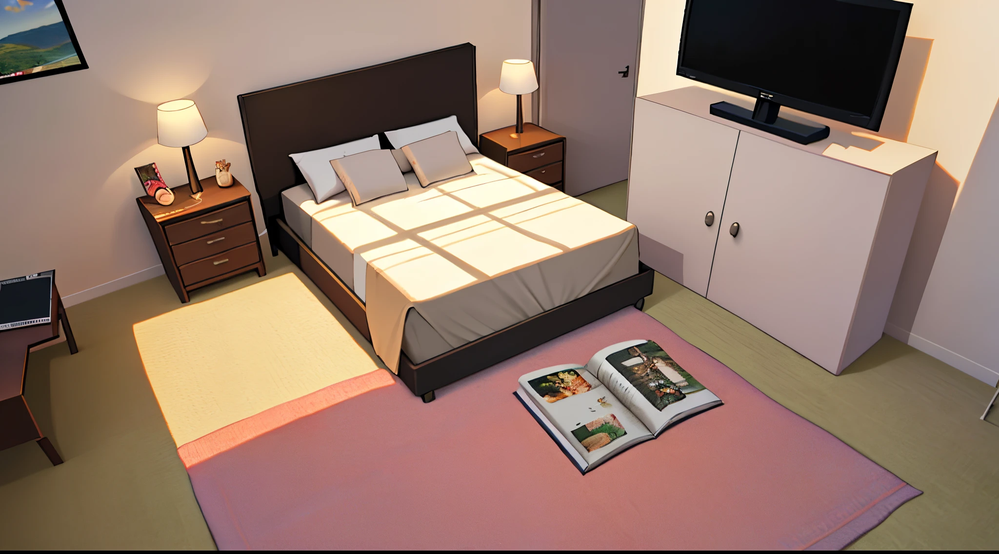 makes a 2D HD scenario First person view of a futuristic bedroom scenario+ cama+tv+bedsheets +pc+manga reading all over the bed covered in African weaving, caminhando no quarto , First person view HD 2D footage female character walking