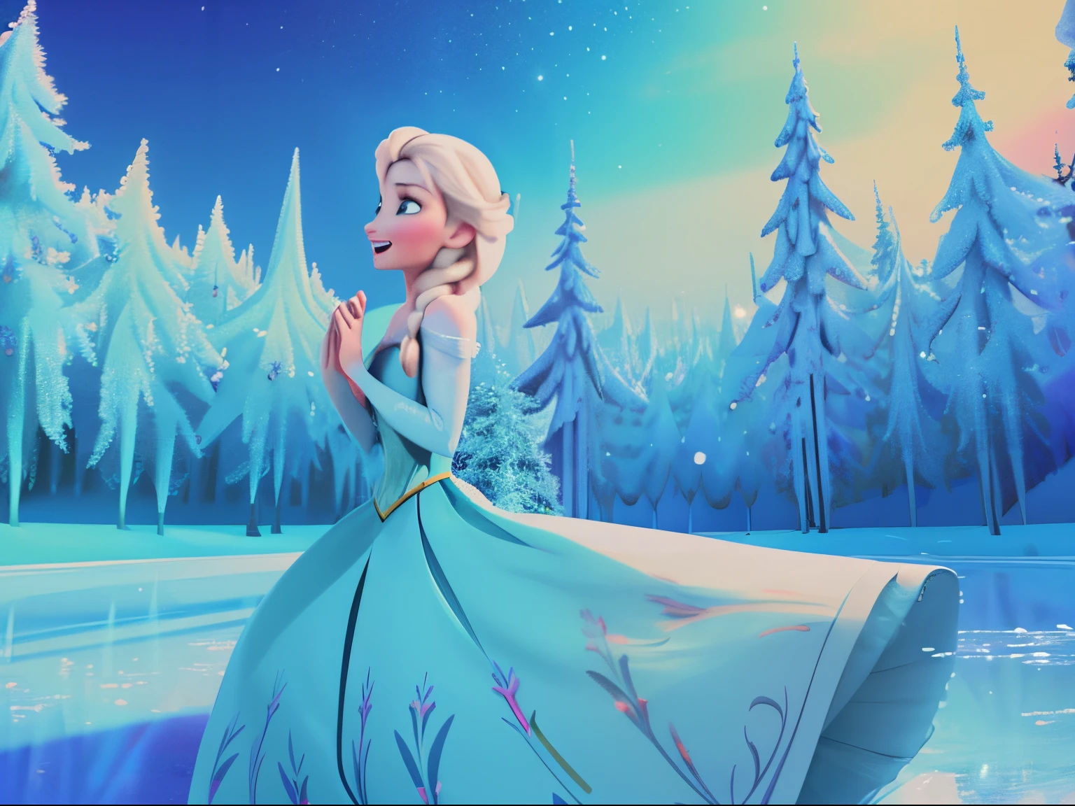 An enchanting scene from the animated world of Frozen, featuring Anna and Elsa in a joyful snowy setting. The artwork portrays a cartoon-style representation of the beloved characters, Anna and Elsa, surrounded by a winter wonderland. The predominant color palette is comprised of icy blues, creating a fresh and chilly atmosphere. Both Anna and Elsa wear expressions of pure delight and astonishment, perfectly capturing their happiness and amazement. The scene is illuminated with a soft, magical light, accentuating the enchanting mood of the artwork. The artwork is of the highest quality, with exceptional attention to detail, extraordinary sharpness, and vibrant colors. It showcases photorealistic elements, evoking a sense of realism, while maintaining the charming aesthetic of a cartoon. The medium used for this artwork is a fusion of traditional illustrations and digital rendering techniques, resulting in a visually stunning masterpiece.