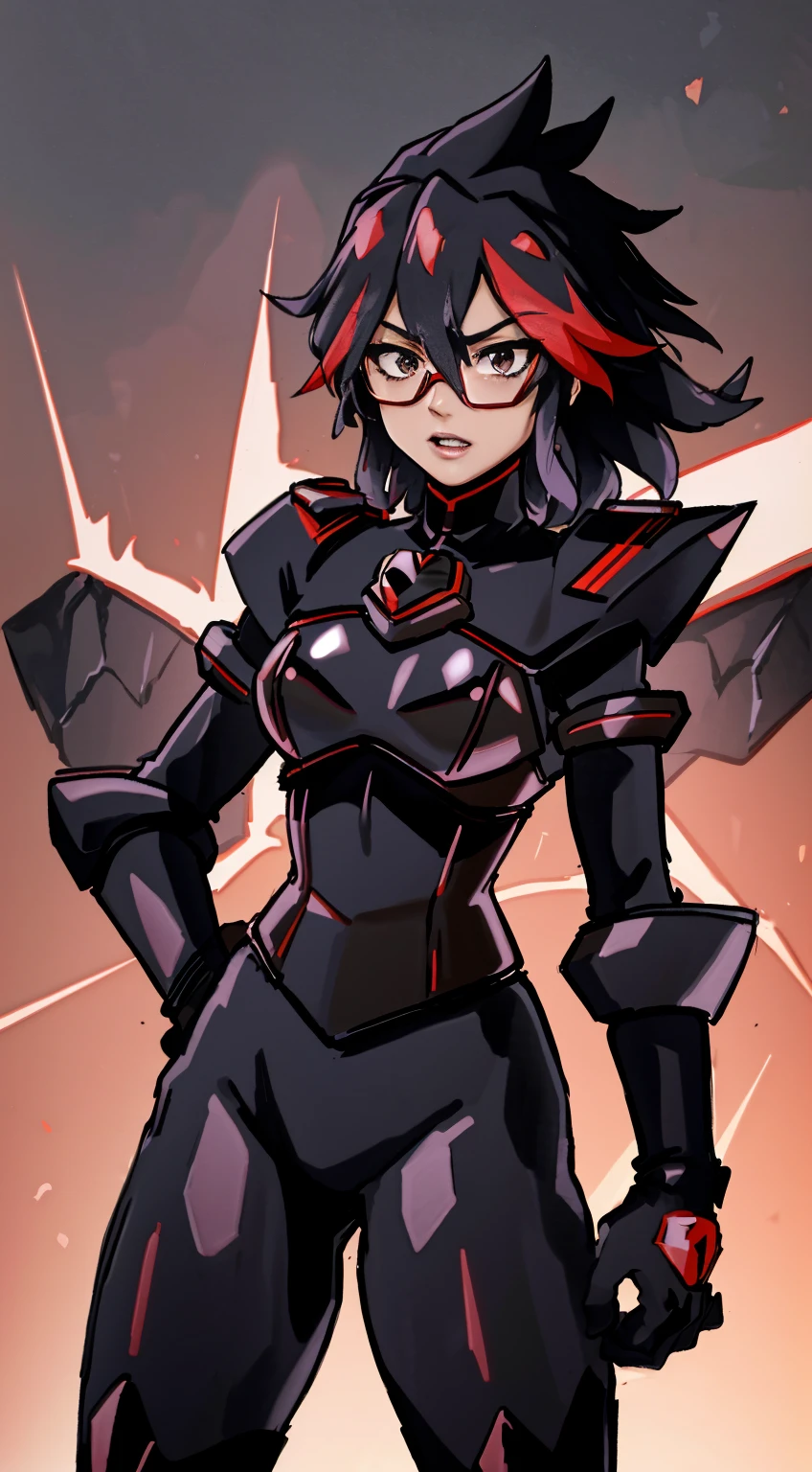 Best quality, 4k, 8k, Ultra HD, high resolution, masterpiece, fantastic detailed armor and accessories, realistic lighting, gorgeous composition, Ryuko Matoi as Mettaton, anime glasses, anime tinted red shades, black latex pants, black latex corset, holding a large stage microphone, performance microphone, black microphone, singing stance, extremely tight corset, red bow tie around neck,lthick armored metal belt, heart on armored chestplate, heavily armored black cuirass, chest encased in armor, black turtleneck armored, wide hips, black hair, thick flowing dark brown hair,black undersuit, white mascot gloves, cuffed white gloves, very long black hair with red accents, long flowing hair, white gloves, white evening gloves