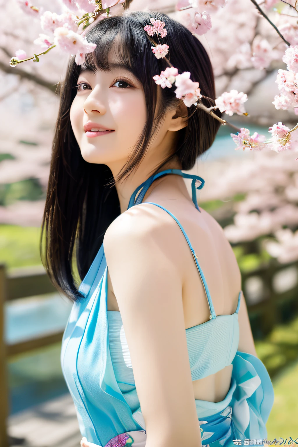 (masterpiece、high-level image quality、hightquality),(Beautiful realistic Japan woman、cute little:1.4)、(Spring breeze blows、budding)、Black hair fluttering in the wind、blue-sky、Beautiful limbs、modeled、