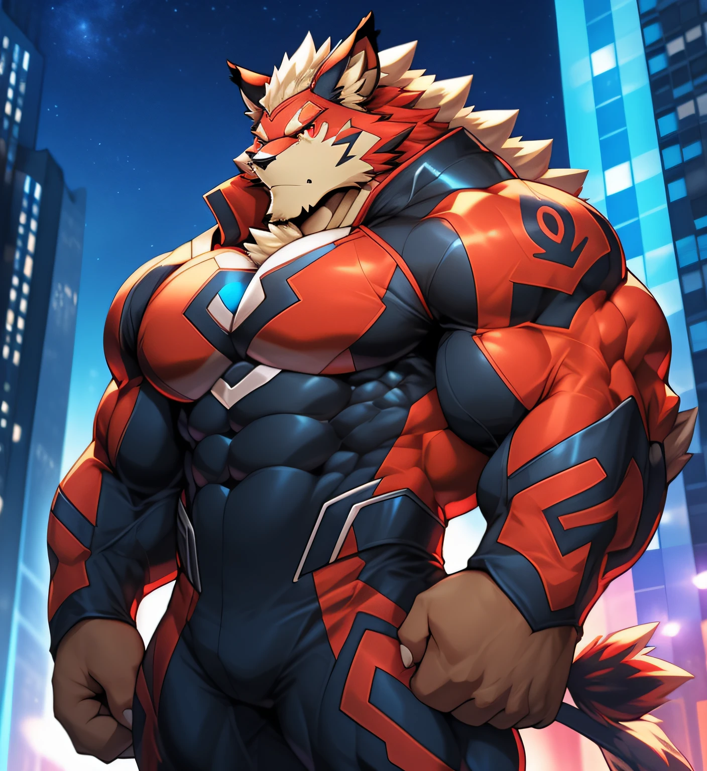 City background, skyscraper, futuristic city, night, stars, night lights, Leomon Gigachad, super hero, hero, bodysuit, massive muscles, huge pecs, chiseled abs, huge pectorals, exaggeratedly huge muscles. a furry hero whose presence inspires trust and respect. (((His hero costume is black and scarlet red.)))