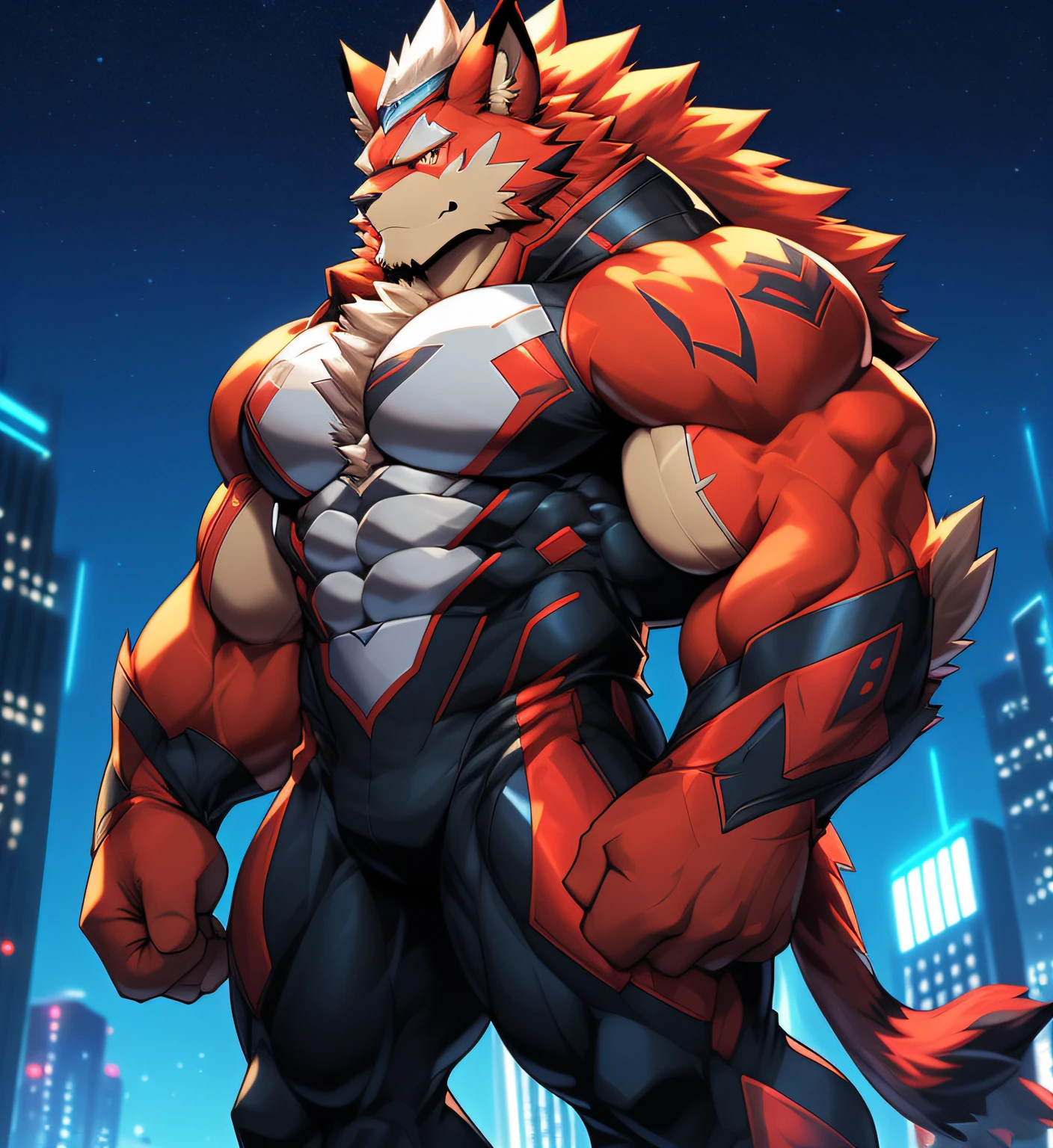 City background, skyscraper, futuristic city, night, stars, night lights, Leomon Gigachad, super hero, hero, bodysuit, massive muscles, huge pecs, chiseled abs, huge pectorals, exaggeratedly huge muscles. a furry hero whose presence inspires trust and respect. (((His hero costume is black and scarlet red.)))