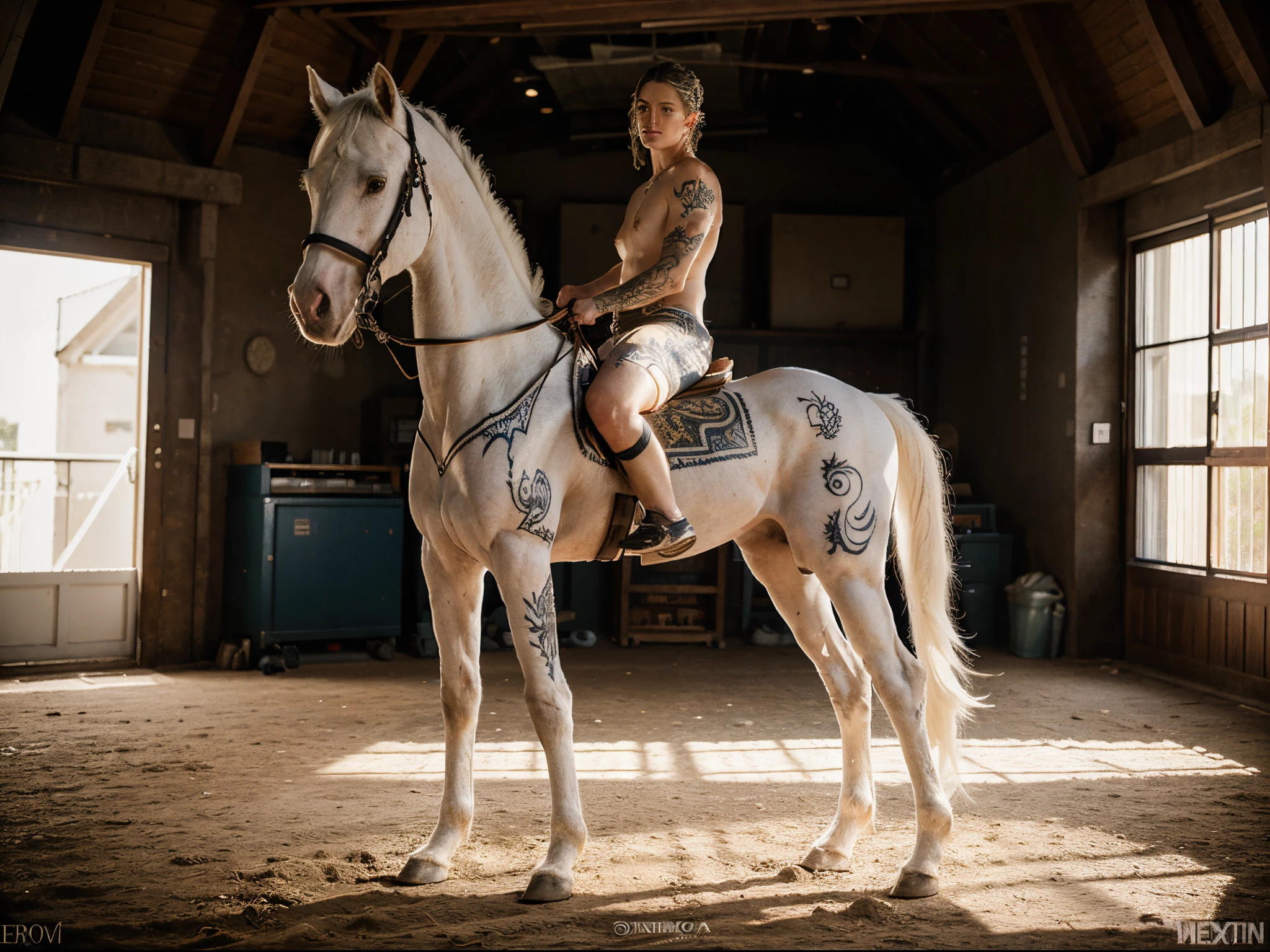 Cinematic photo of a white horse covered in intricate tattoos, in full height, full pose, full - body, hyper realisitc