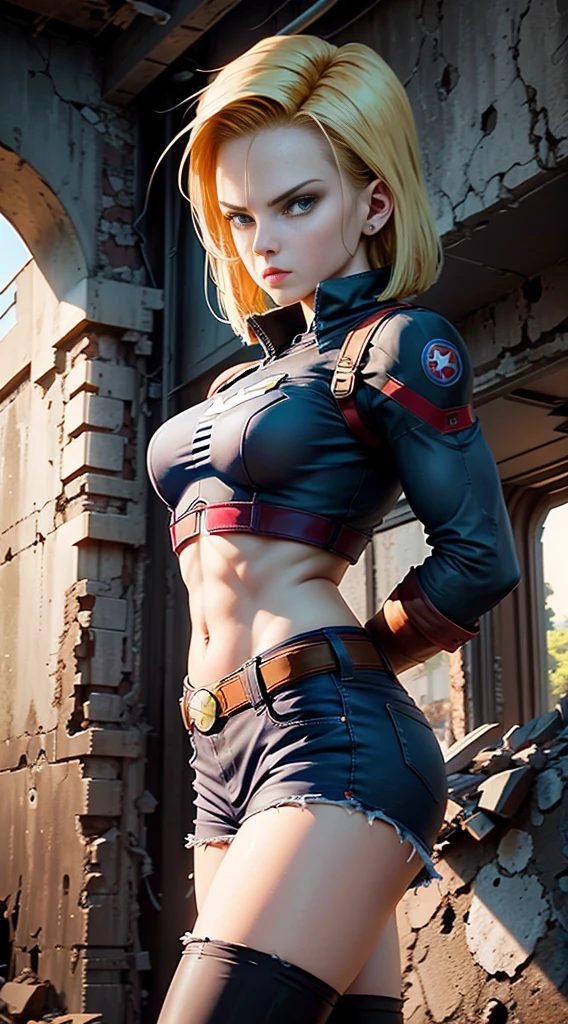 Android 18 Female version of Captain America background mechanical ruins