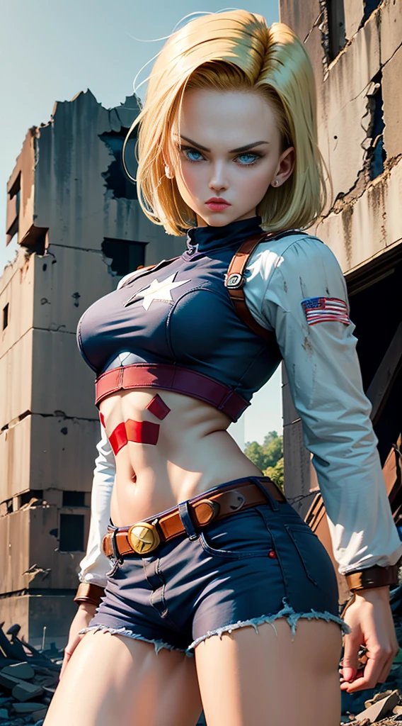 Android 18 Female version of Captain America background mechanical ruins