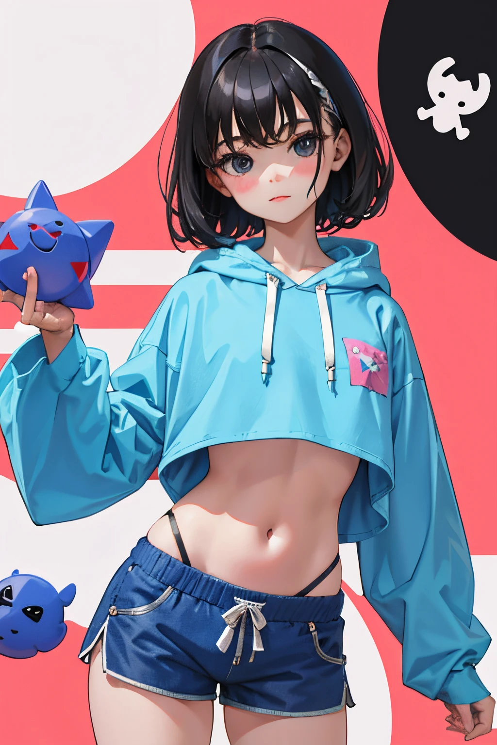 ()，（​masterpiece，Highest Quality），Crop Top Look，Pastel Navy Hoodie，(Gingham Check Shorts)，A dark-haired，World of toys