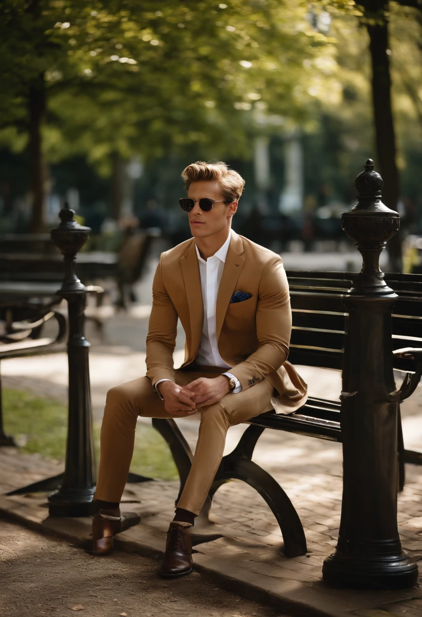 A photo of Nicholas sitting alone on a park bench, surrounded by towering trees and the sound of rustling leaves.,original,Nicholas looks like the actor and celebrity Tom Glynn-Carney.
Gender: Male
Physical Attributes:
Nicholas possesses a well-maintained physique, distinguished by a toned and slim build, which accentuates his graceful presence. His skin carries a light tan, imbuing him with a healthy, sun-kissed glow that hints at an active lifestyle. His eyes, a piercing shade of blue, draw attention with their depth and clarity.
Hair:
Nicholas sports short, neatly groomed dirty blonde hair, which not only complements his appearance but also underscores his commitment to a polished and sophisticated look.
Apparel:
Nicholas is characterized by a tasteful and understated sense of fashion. He favors a plain crewneck shirt, reflecting his appreciation for simplicity and practicality. These versatile shirts convey an air of effortlessness and serve as a canvas for his inner complexities.
Complementing his shirt, he chooses straight-leg jeans that strike a harmonious balance between comfort and style. These jeans underscore his practicality, ensuring he's well-prepared for the rigors of everyday life.
To shield against the elements, Nicholas dons a warm and elegant coat, reinforcing his dedication to a refined and polished image. The coat not only offers protection but also projects a hint of sophistication that aligns with his enigmatic persona.
Completing his ensemble, Nicholas opts for semi-formal shoes. These choices combine style and comfort, allowing him to navigate seamlessly between casual and more formal settings. This footwear underscores his adaptability, an attribute that resonates with his multifaceted personality.
In addition to his attire, it's important to note that Nicholas's fashion choices go beyond mere garments; they reflect his personality, which embodies a compelling blend of charm, intelligence, and darkness.