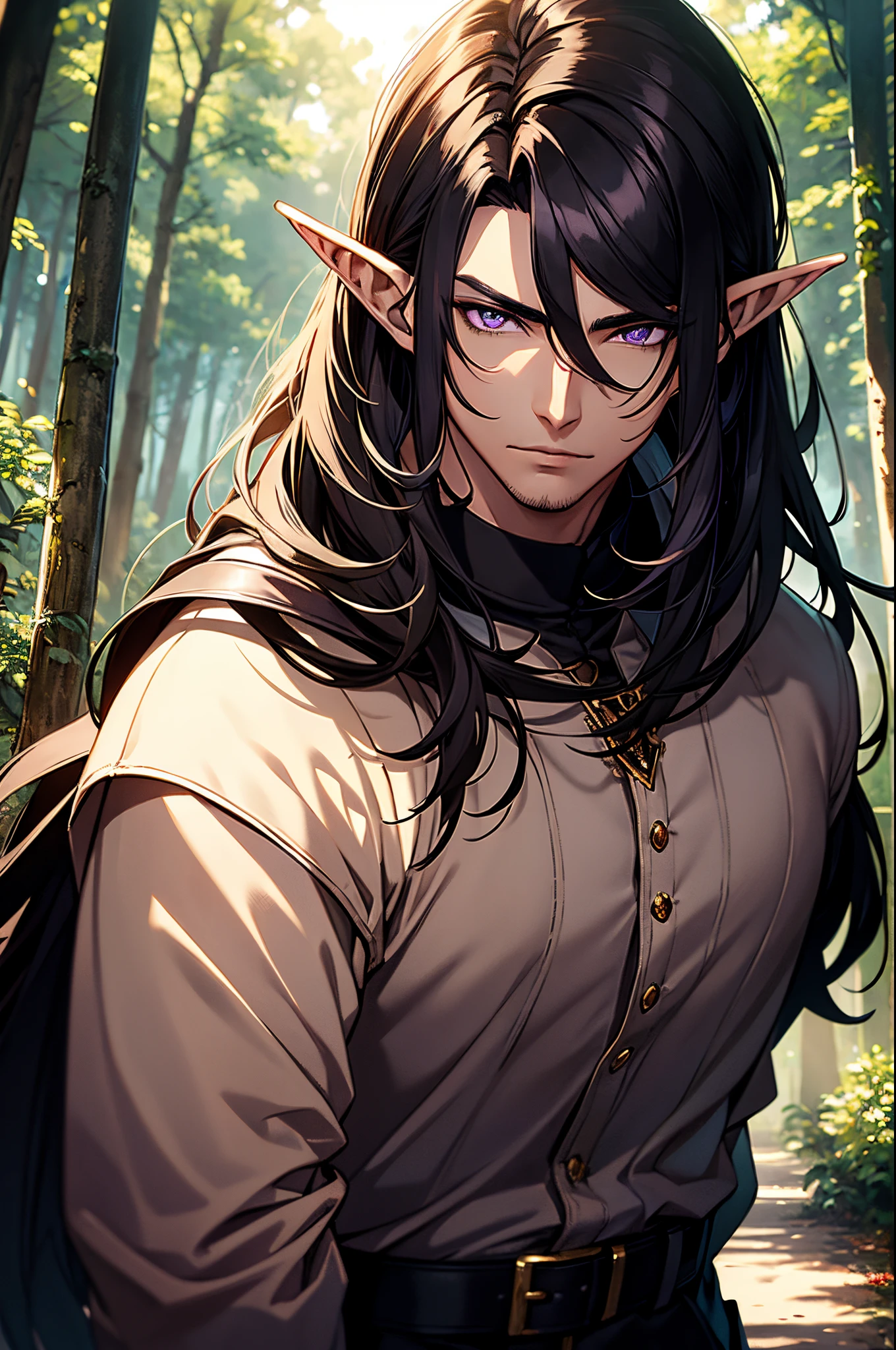 (masterpiece),best quality,1 male, beautiful face, handsome, muscle, sunlight, elf ears, pointy ears, handsome, young adult, black hair, purple eyes, long hair, leather clothes, forest background, face focus, portrait,