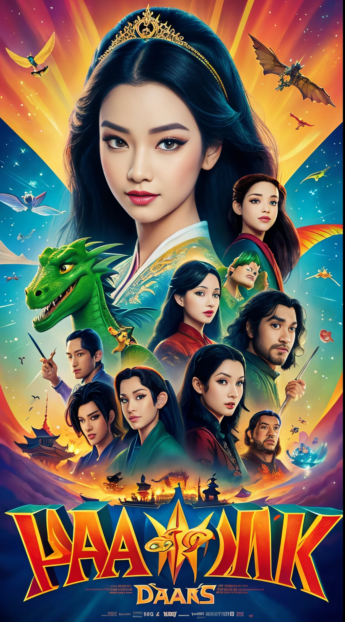 Disney Pixar inspired movie poster with girl the title image beautiful asian princess long staight black hair. normal eyes size, big lips. tattoo with dragon on left hand. poster like a poster for a Disney cartoon about princesses . mad character