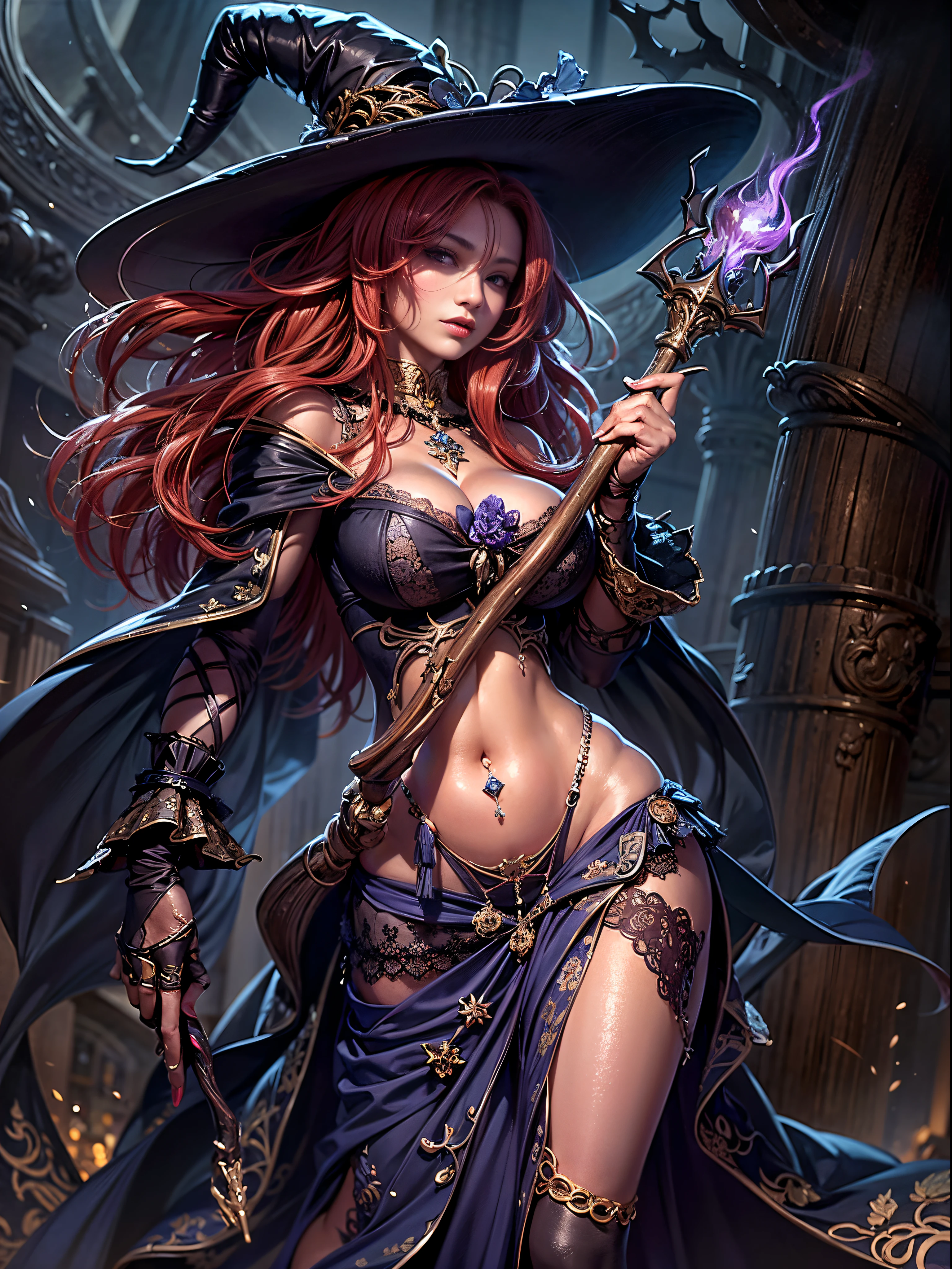 ((Masterpiece)), ((Best Quality)), Ultra High Resolution, HDR, Ultra Realistic, absurd, 8K, Perfect Art, Super Detailed Rendering, Masterpiece, High Quality, high resolution, ultra-detailed, Clean, Masterpiece, Professional Artwork, beautiful, masterpiece, best quality, The Sorceress from Dragon’s Crown, a sexy sorceress, (long red hair: 1.4), long hair, beautiful face, detailed female face, (((perfect female body, narrow waist))), beautiful female body, full body, very pretty woman, young, very pretty woman, sexy, tall, sexy, very attractive, (very big breasts:1.4), (huge breasts), Large wide brimmed witches hat, Black witches hat with purple ribbons, a black bustier with a white lace rim around the breast,  intricate white lace edging, cleavage, deep cleavage, long purple skirt with a high split showing all of her leg, pointed witches shoes, brown sash belt, holding a large wooden witches staff.