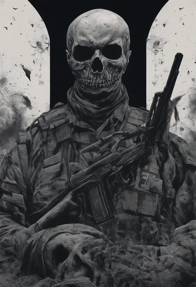 (Best quality,9K,A high resolution,Works of masters:1.2),Photorealsitic,ln the forest,rays of moonlight,modern warfare,Heavily armed skeleton soldiers,Smoking a cigarette,Have a gun,Protective goggles