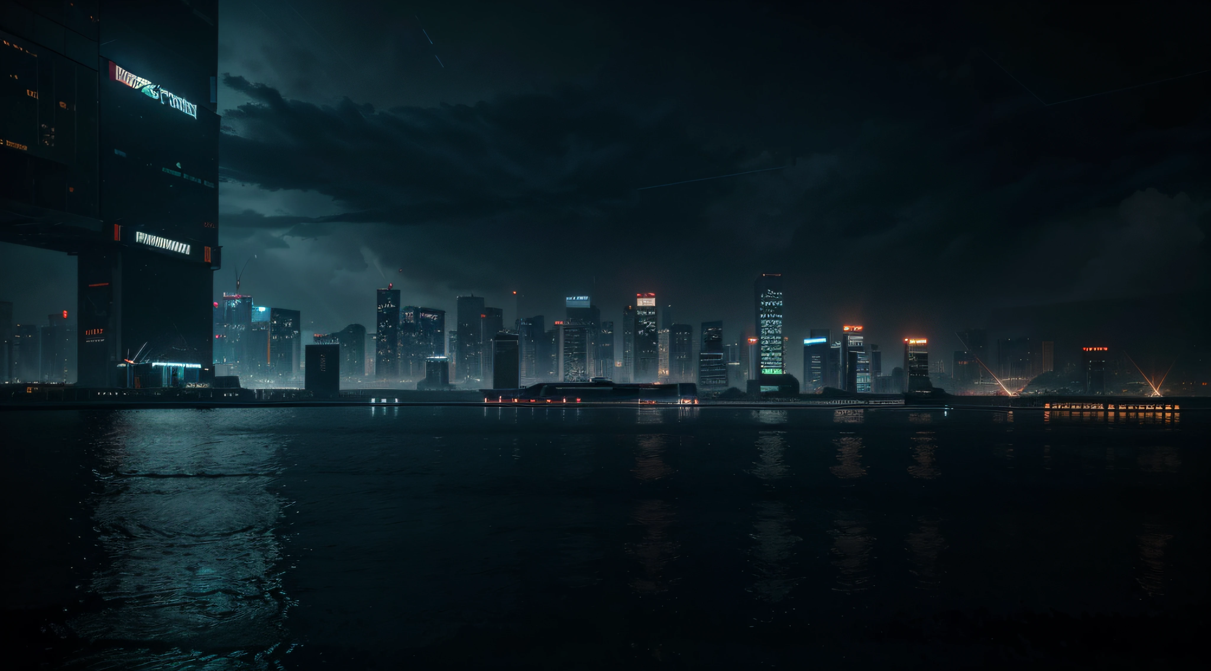 Create a night scene of a dark cyberpunk city with heavy rain. Include light reflection effects in water and neon reflections from skyscrapers creating a futuristic atmosphere with highly detailed images in 8k resolution