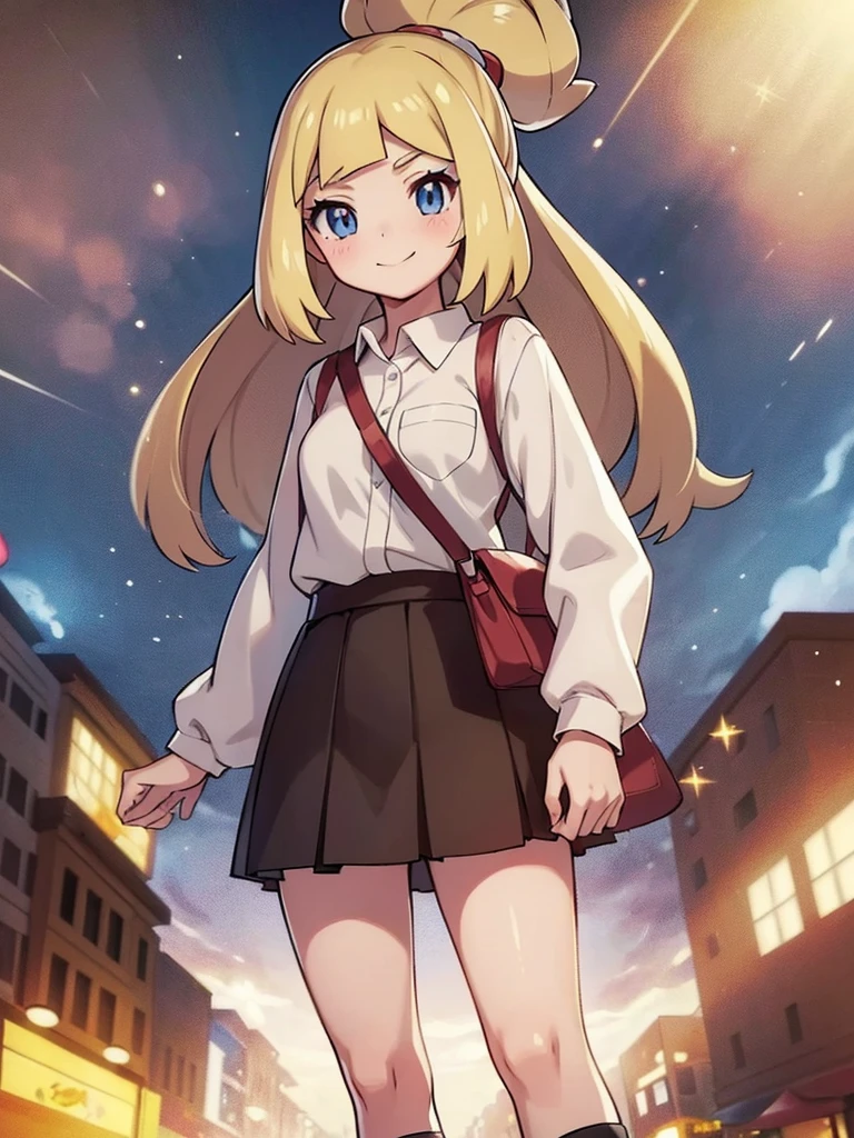 (pokemon),(( 1girl)), long hair, straight hair, long ponytail, platinum blonde hair, blush, brown platted skirt, high-waisted skirt, white large shirt, long sleeves, tucked-in shirt, white high socks, brown mountain boots, dark brown shoulder bag with key chains, shy, soft, smiling