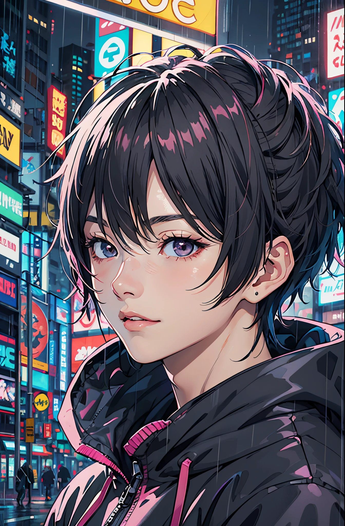 anime boy in the rain with a pink hoodie and black jacket, anime style 4 k, detailed digital anime art, digital cyberpunk anime art, digital anime illustration, anime art wallpaper 4k, anime art wallpaper 4 k, anime art wallpaper 8 k, anime styled digital art, anime wallpaper 4k, anime wallpaper 4 k, anime style portrait, digital cyberpunk - anime art, cute face, happy face expression