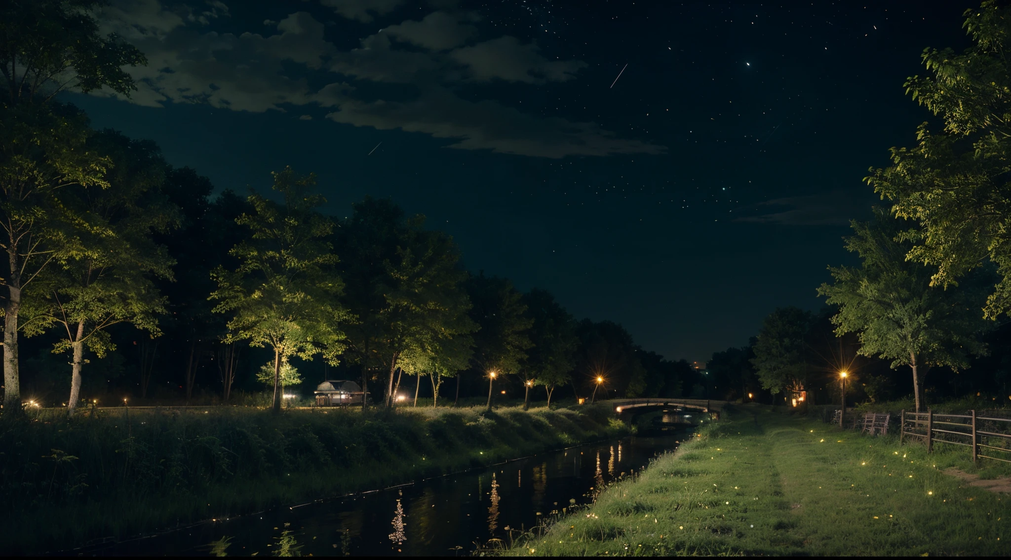 night time,fireflies,buildings far ahead,road,anime style,green field,river