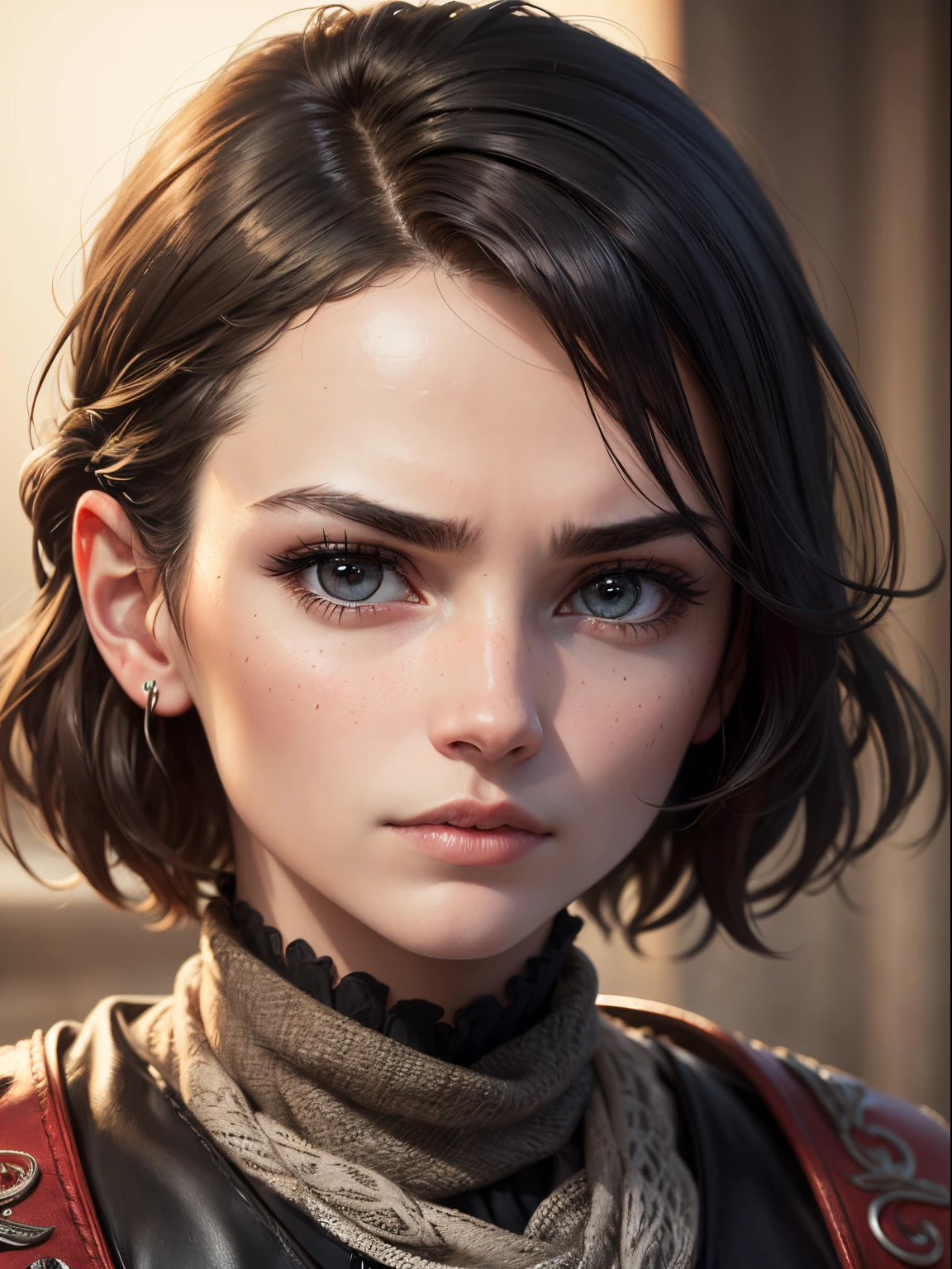 A photorealistic portrait of Emma Mackey, looking directly at the viewer, wide jaw, strong chin, closeup, close-up, with light makeup, Extremely detailed eyes, black hair cut in a 'bob' style, hair framing face, serious expression, one eyebrow raised, A detailed symmetrical realistic face, red keffiyeh, scruffy leather flying jacket, Highly detailed natural texture, master piece, absurdes, extremely detailed, astonishing, fine detail, couleurs riches, Hyper realistic texture, dramatic lighting