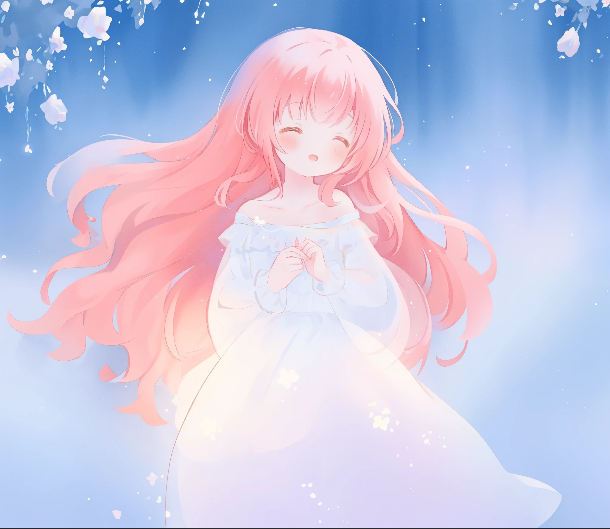 beautiful girl in sparkling white ballgown, puffy flowing ballgown, sheer fluttering sleeves, glowing ballgown, long red gold hair, colorful fantasia background, delicate white flowers in her hair, watercolor illustration, glowing lights, beautiful digital illustration, fantasia otherworldly landscape, beautiful, masterpiece, best quality