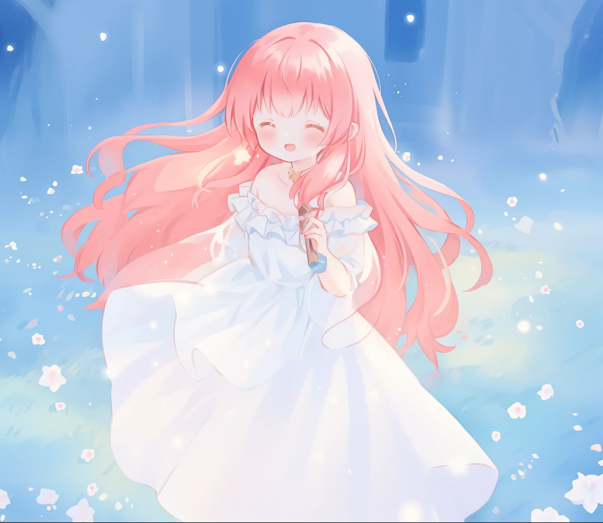 beautiful girl in sparkling white ballgown, puffy flowing ballgown, sheer fluttering sleeves, glowing ballgown, long red gold hair, colorful fantasia background, delicate white flowers in her hair, watercolor illustration, glowing lights, beautiful digital illustration, fantasia otherworldly landscape, beautiful, masterpiece, best quality