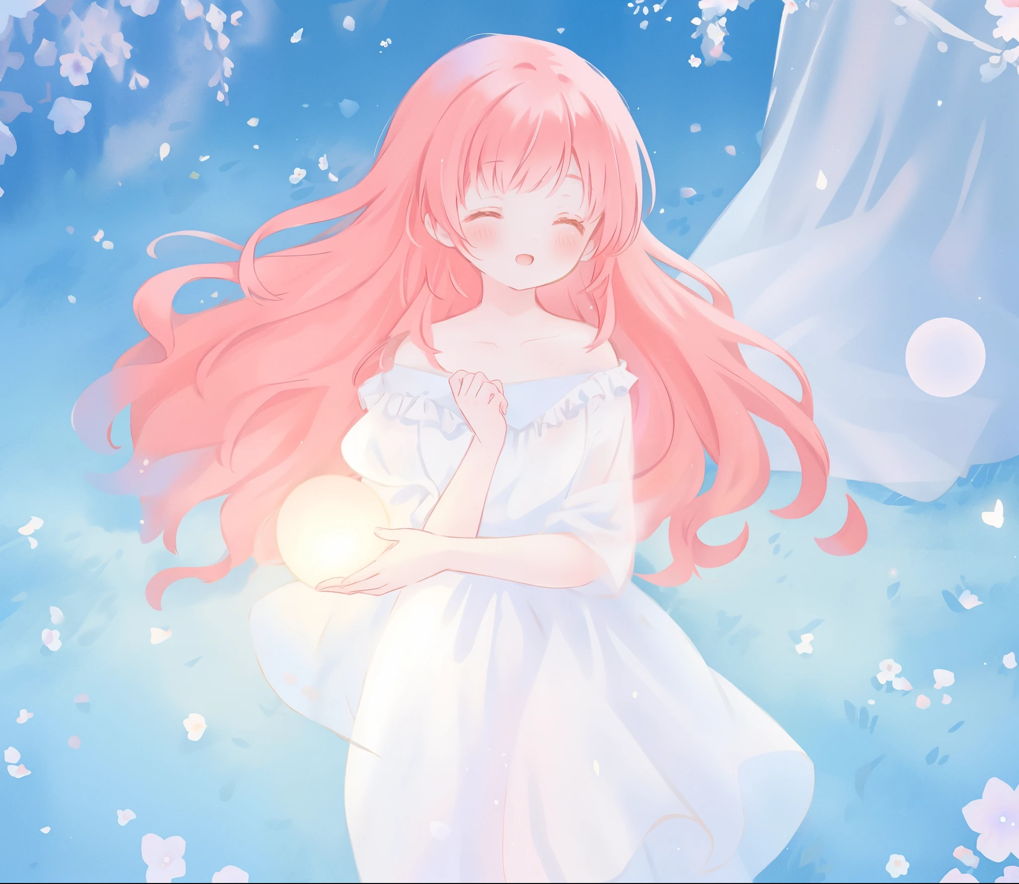beautiful girl in sparkling white ballgown, puffy flowing ballgown, sheer fluttering sleeves, glowing ballgown, long red gold hair, colorful fantasia background, delicate white flowers in her hair, watercolor illustration, glowing lights, beautiful digital illustration, fantasia otherworldly landscape, beautiful, masterpiece, best quality