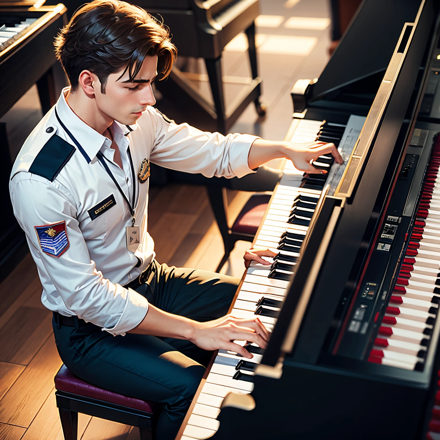 A male civil aviation pilot plays the piano at a concert