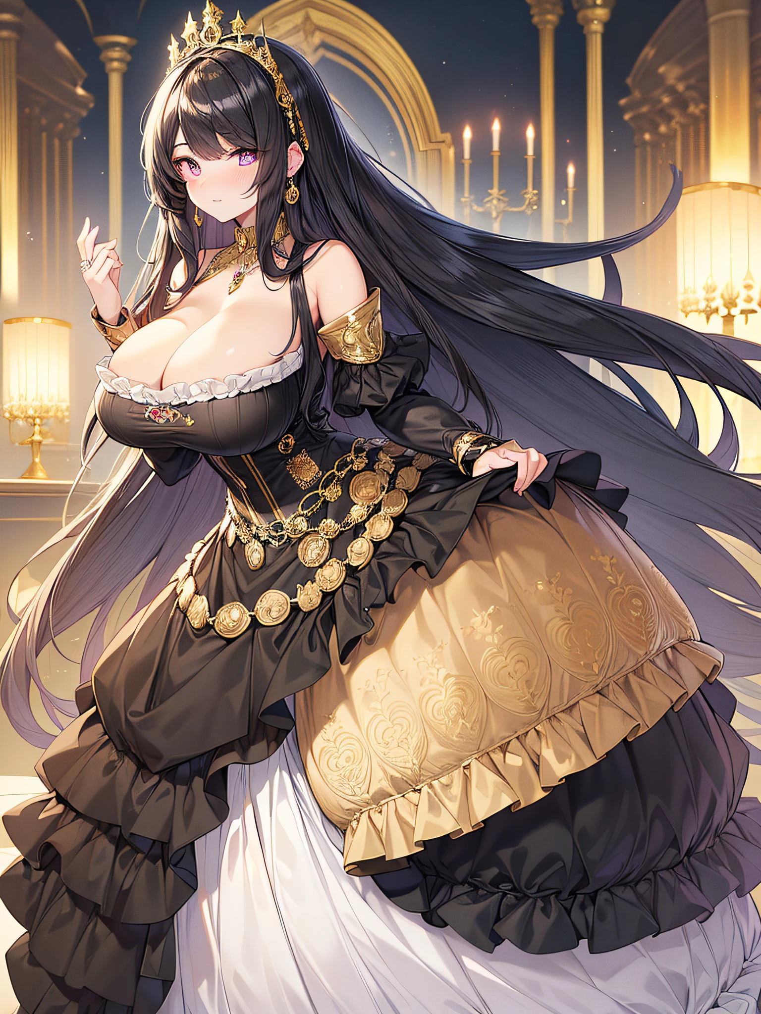 anime artstyle,Masterpiece,(Best Quality),(Super Detail),(Very Delicate and Beautiful),(Solo),((full body portrait)),full body,full body portrait,(detailed face and eyes),jewel-like beautiful eyes,(ruffled gorgeous black rococo ballgown decorated with frilled voluminous full length hoop skirt),(Decadent and arrogant queen),Purple eyes,Bangs between eyes,(arrogant,haughty),arrogant smile,((1 arrogant queen in a beautiful embroidery and jeweled gorgeous black rococo ballgown with voluminous full length hoop skirt)),((gold trim,Decadent,Crinoline)),super detailed gorgeous rococo black ballgown with frilled voluminous full length hoop skirt,(black Hair,large amount of straight hair,extremely voluminous Very Long straight Hair,Absolutely Long Straight Hair),((gigantic boobs)),cleavage,(fantasy castle,outdoors,outside the castle),long_gloves,extremely gorgeousfull jeweled hair ornament,bling-bling extremely gorgeousfull jeweled tiara,(luxurious jewelry),full body portrait