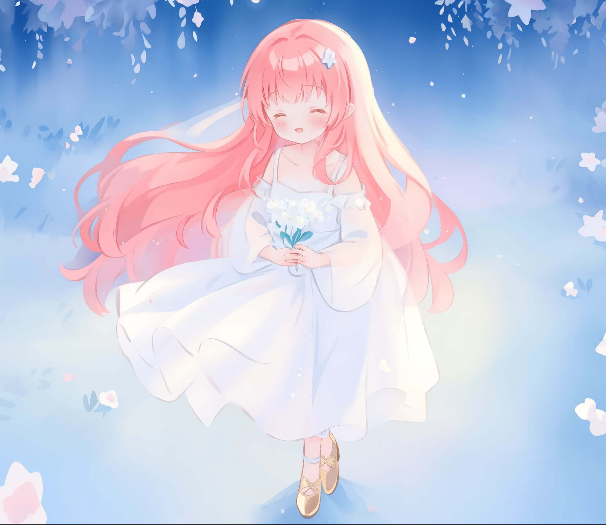 beautiful girl in sparkling white ballgown, puffy flowing ballgown, sheer fluttering sleeves, glowing ballgown, long red gold hair, colorful fantasia background, delicate white flowers in her hair, watercolor illustration, glowing lights, beautiful digital illustration, fantasia otherworldly landscape, beautiful, masterpiece, best quality