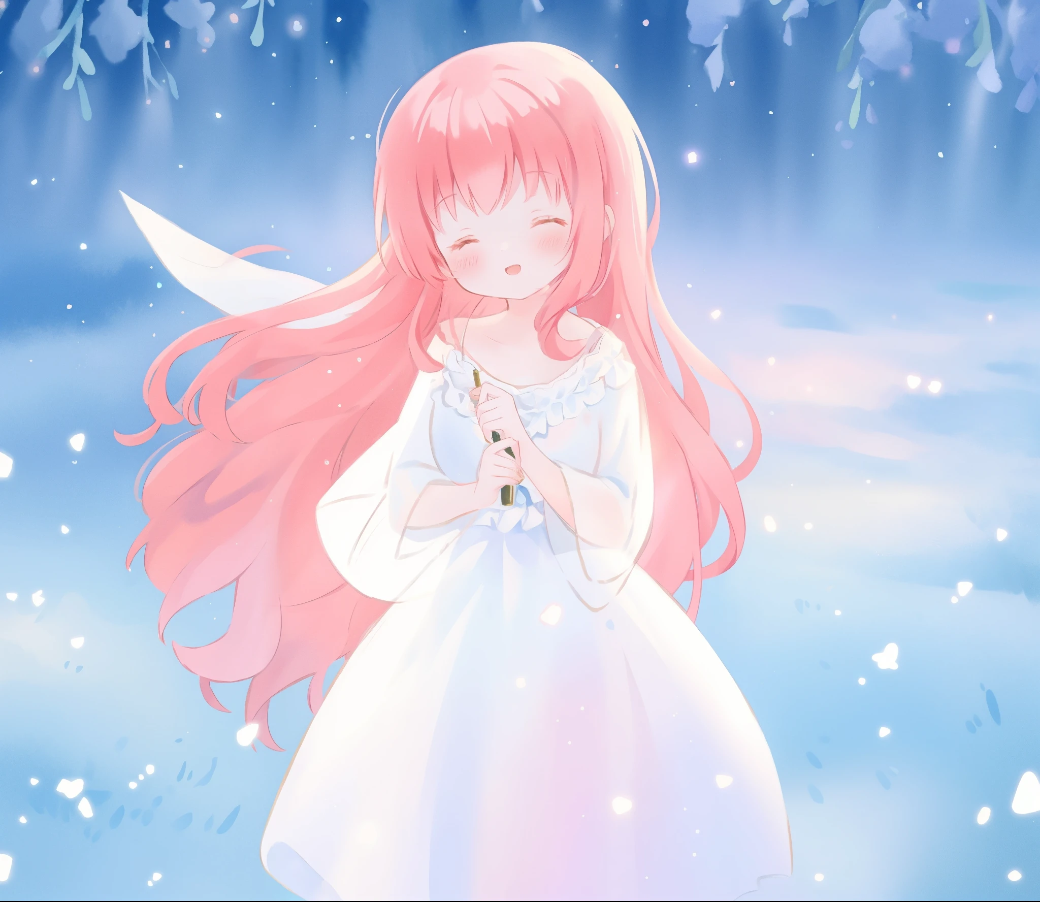 beautiful girl in sparkling white ballgown, puffy flowing ballgown, sheer fluttering sleeves, glowing ballgown, long red gold hair, colorful fantasia background, delicate white flowers in her hair, watercolor illustration, glowing lights, beautiful digital illustration, fantasia otherworldly landscape, beautiful, masterpiece, best quality