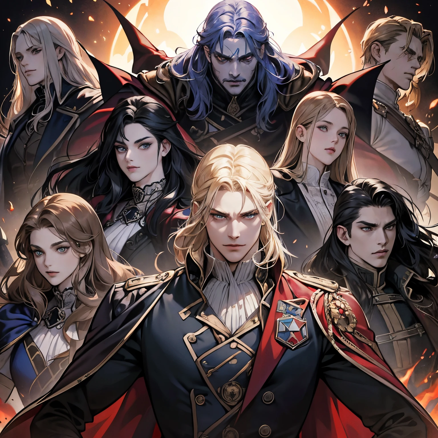 Castlevania Shadow Lord beau musclé Lord Dracula menant des troupes armées de démons à la guerre hyper réaliste super détaillé Pose dynamique super détaillé visages hyper réaliste super détaillé hyper realistic faces Very detailed expressions