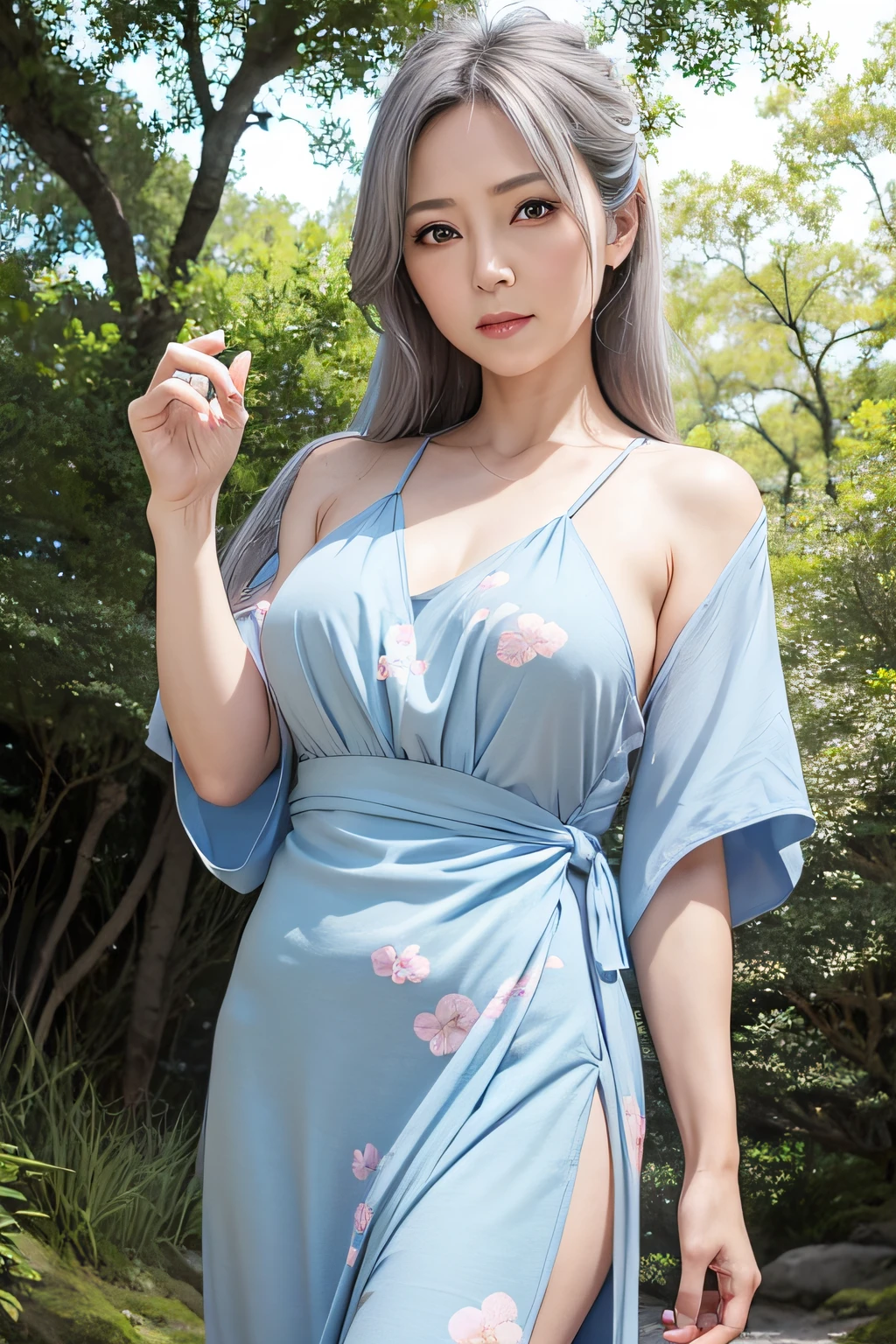 Realistic anime style, from the front, woman, oriental, 50 years old, age marks, long gray hair, blue eyes, long dress with light blue oriental design with white and pink prints, a light blue energy around her, in a forest flowery in the daylight
