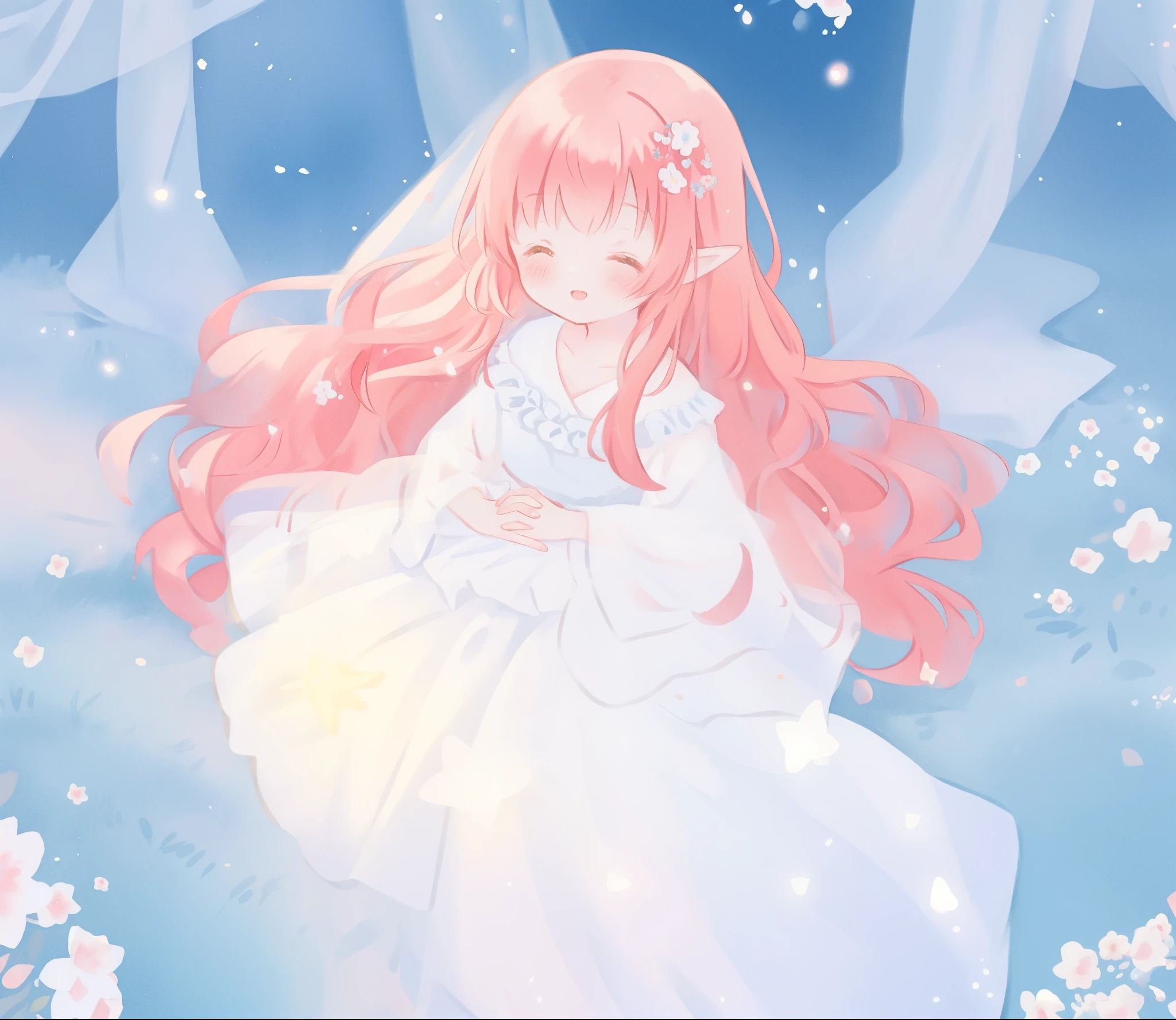 beautiful girl in sparkling white ballgown, puffy flowing ballgown, sheer fluttering sleeves, glowing ballgown, long red gold hair, colorful fantasia background, delicate white flowers in her hair, watercolor illustration, glowing lights, beautiful digital illustration, fantasia otherworldly landscape, beautiful, masterpiece, best quality