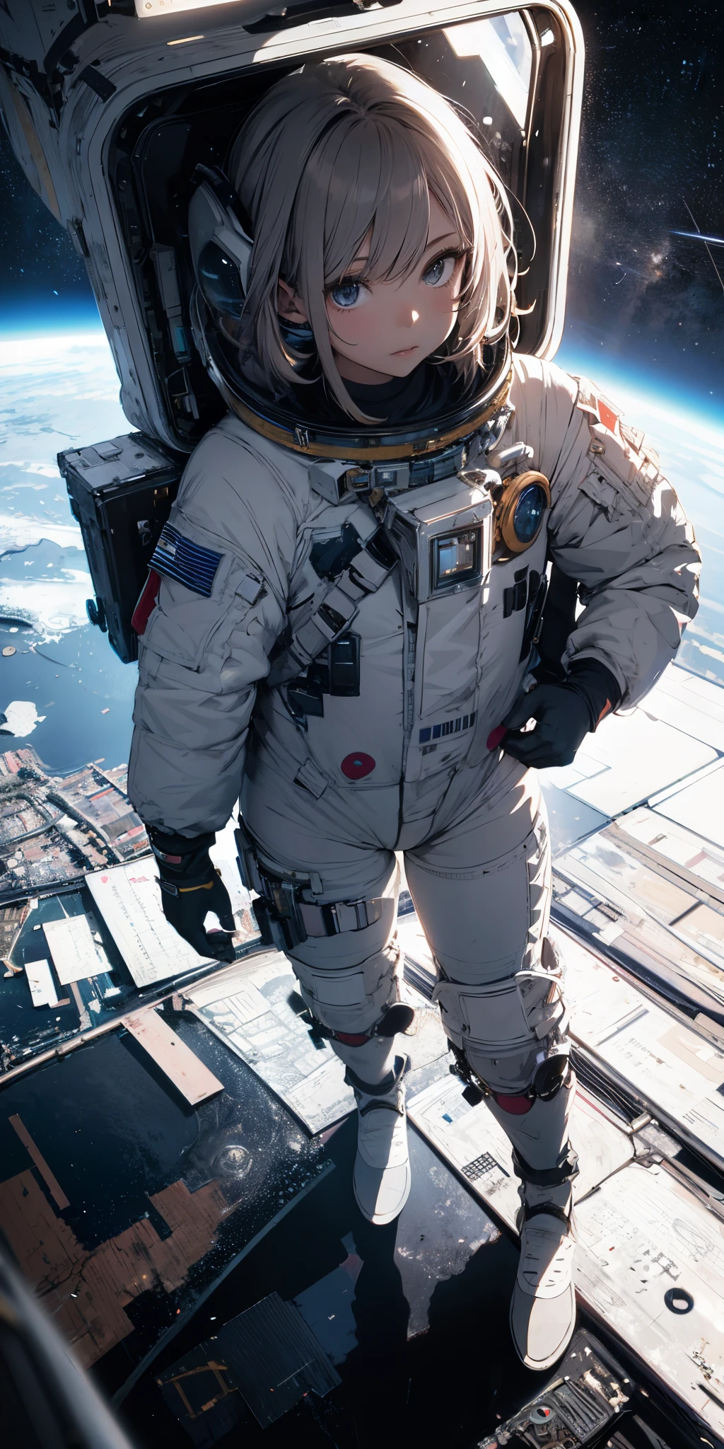 Absurd resolution, high resolution, (masterpiece:1.4), ultra-detailed, 1girl, in spacesuit and seen from above, space, floating, wide-angle lens distortion
