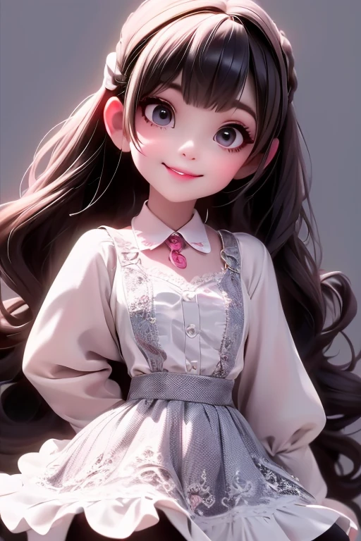 a close up of a vampire girl smiling in a lace skirt and a lace shirt, smokey eyes makeup, white tights, she is wearing lace streetwear, collar, choke, pumps, fashionable rpg clothing,