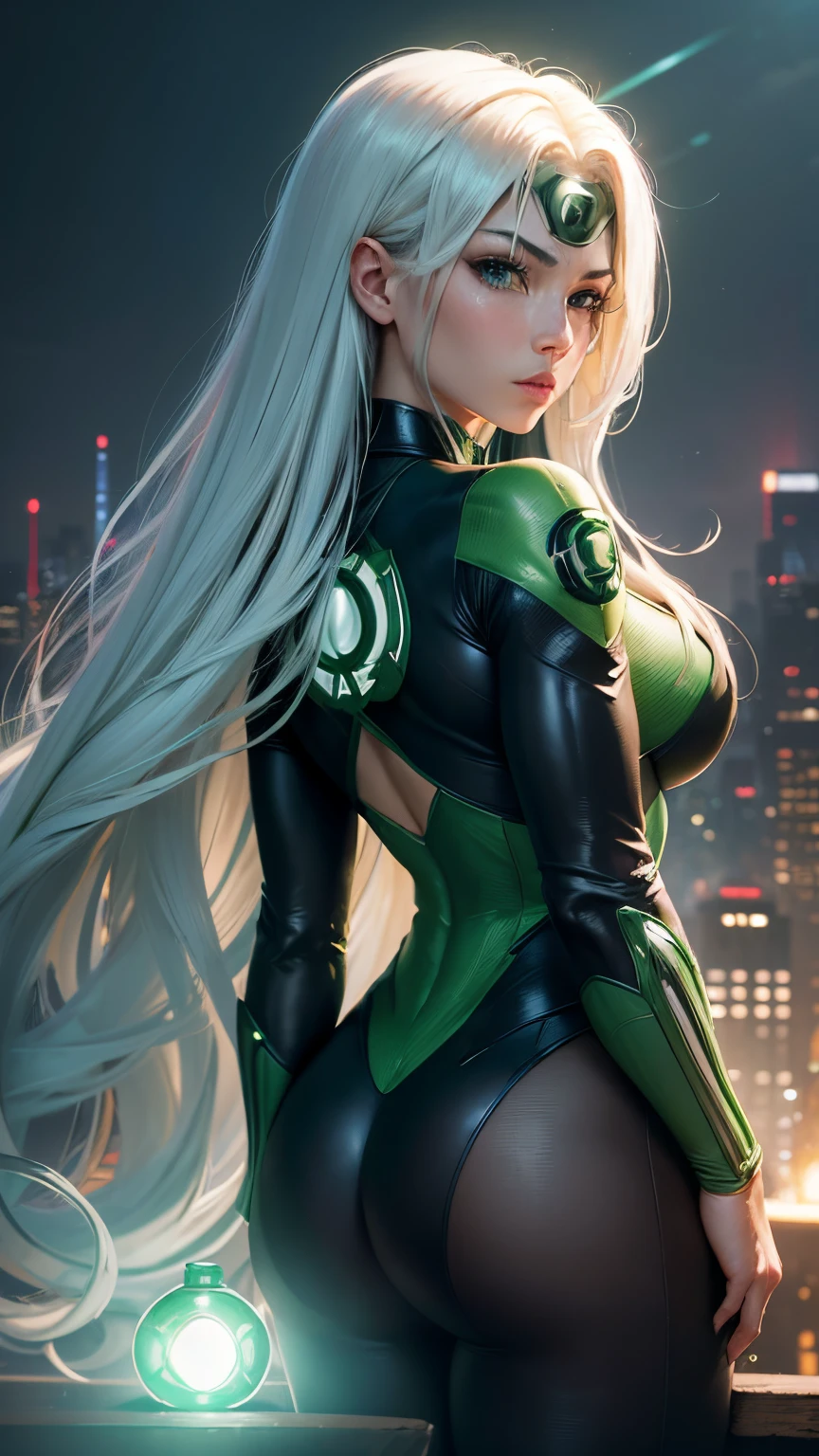 (​masterpiece、4K resolution、A hyper-realistic、ighly detailed、Turn your back), (Green Superheroes theme、Charisma、There is a girl in a Green Lantern costume above the town、with his back turned。She's a superhero)、 [((25-years old)、(Long white hair:1.2)、full body Esbian、(blue eyess:1.2))、((Sandy urban environment):0.8)|(A city scape、natta、Dinamic Light)、(fullmoon)]#illustrate:Prompts are mainly ultra high definition、very real、Describes highly detailed 4K paintings。A superheroine in a Green Lantern costume is depicted at the top of the city。The theme of the photo is green superheroes, Felicia Hardy as green lantern