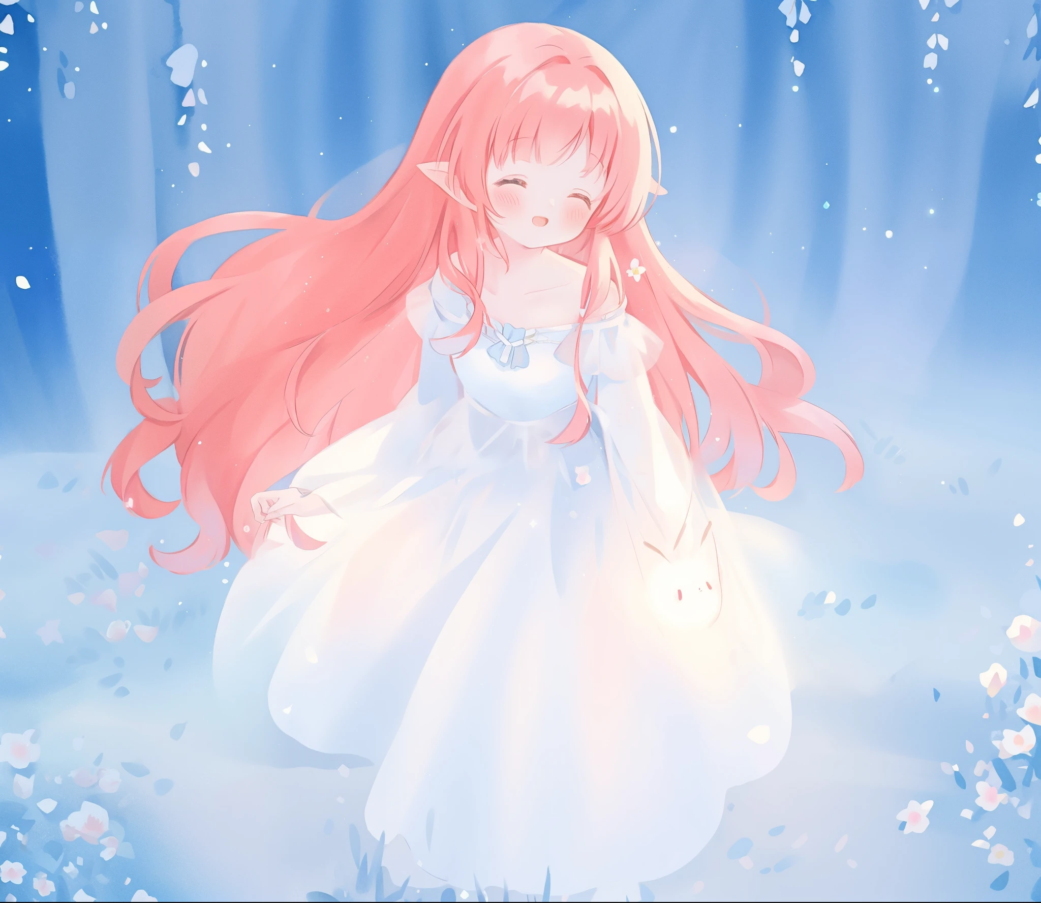 beautiful girl in sparkling white ballgown, puffy flowing ballgown, sheer fluttering sleeves, glowing ballgown, long red gold hair, colorful fantasia background, delicate white flowers in her hair, watercolor illustration, glowing lights, beautiful digital illustration, fantasia otherworldly landscape, beautiful, masterpiece, best quality