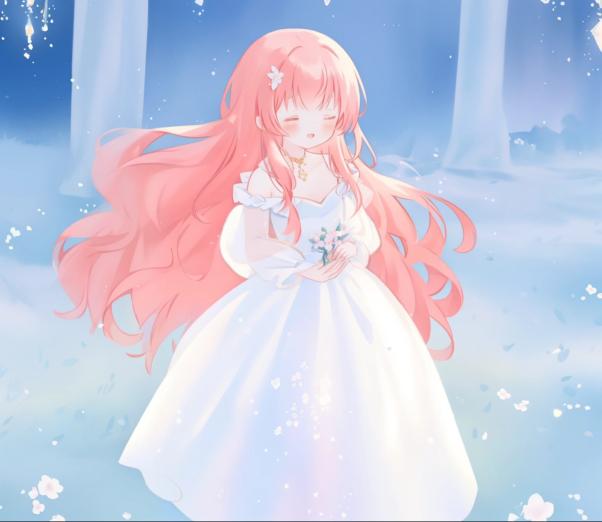 beautiful girl in sparkling white ballgown, puffy flowing ballgown, sheer fluttering sleeves, glowing ballgown, long red gold hair, colorful fantasia background, delicate white flowers in her hair, watercolor illustration, glowing lights, beautiful digital illustration, fantasia otherworldly landscape, beautiful, masterpiece, best quality